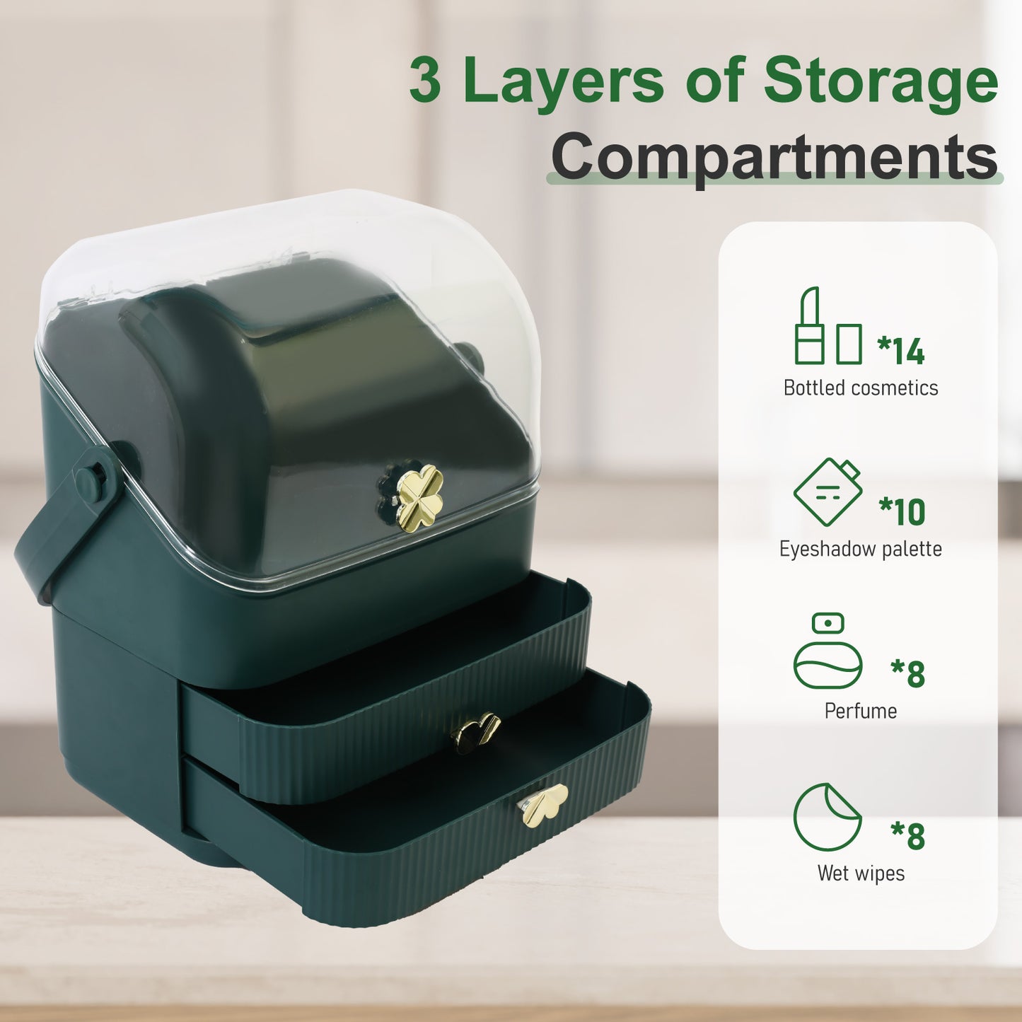 CATGOOD Makeup Organizer Cosmetics Storage with Fully Open Lid, Green, Countertop Cosmetics Display Case, Dresser, Ideal Gift for Women (Dark Green), 10.23*7.08*14.17in