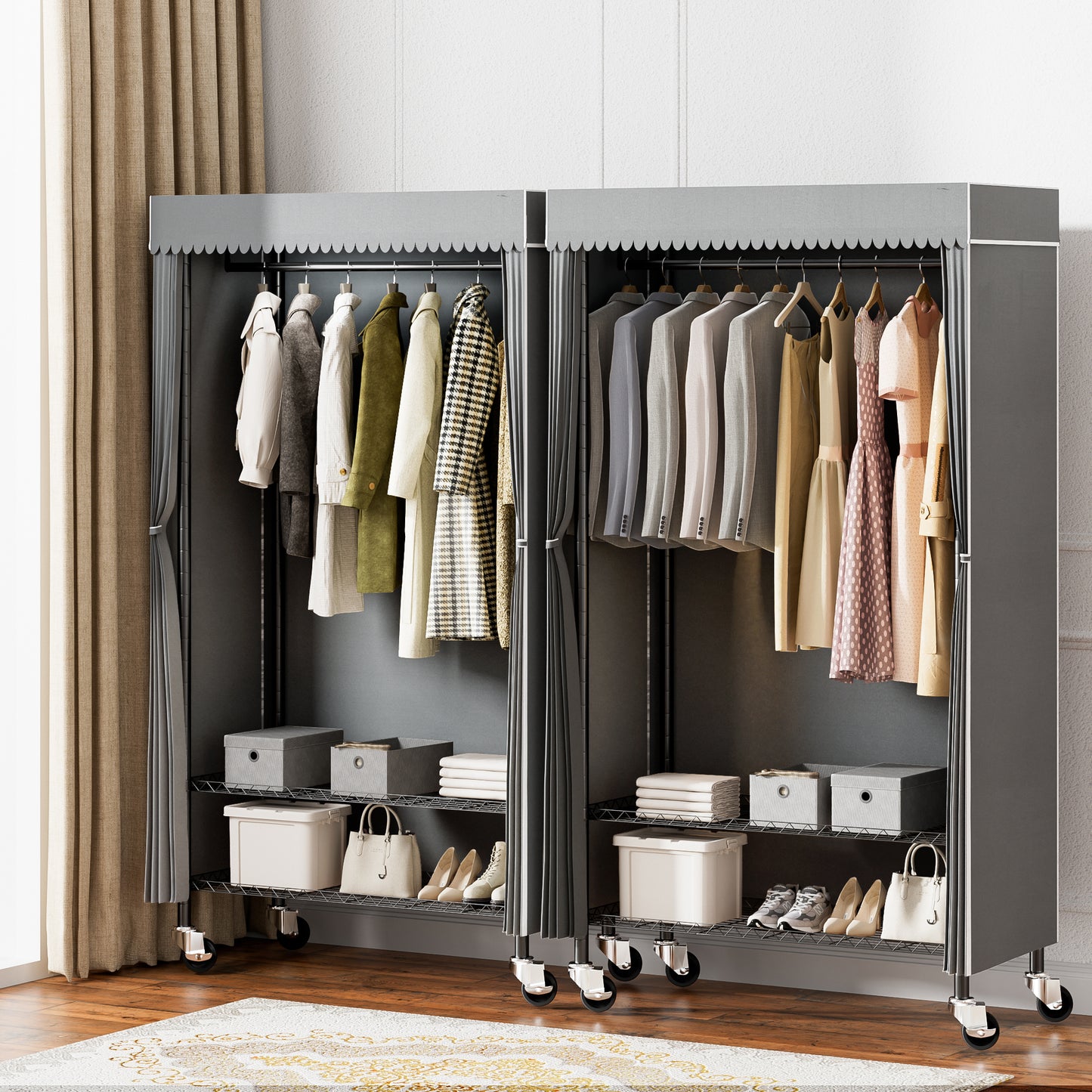 Heavy Duty Wardrobe Rack with Gray Dust Cover, Rolling Clothes Rack for Hanging Clothes, Freestanding Garment Rack with 2-Tier Storage Shelf Wheels Hanging Rod Cover, 35.4"x17"x72.4", Black