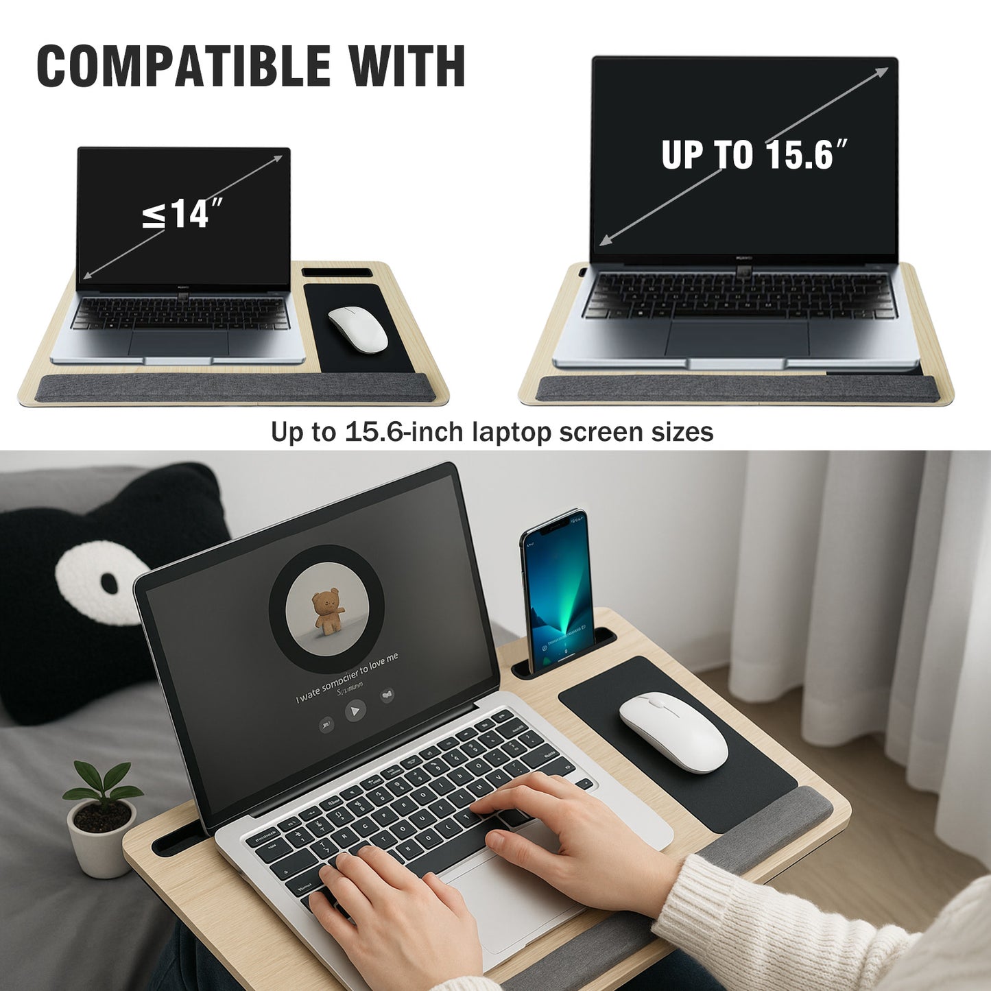 Lap Desk Laptop Bed Table, Home Office Portable Computer Lapdesk with Soft Pillow Cushion