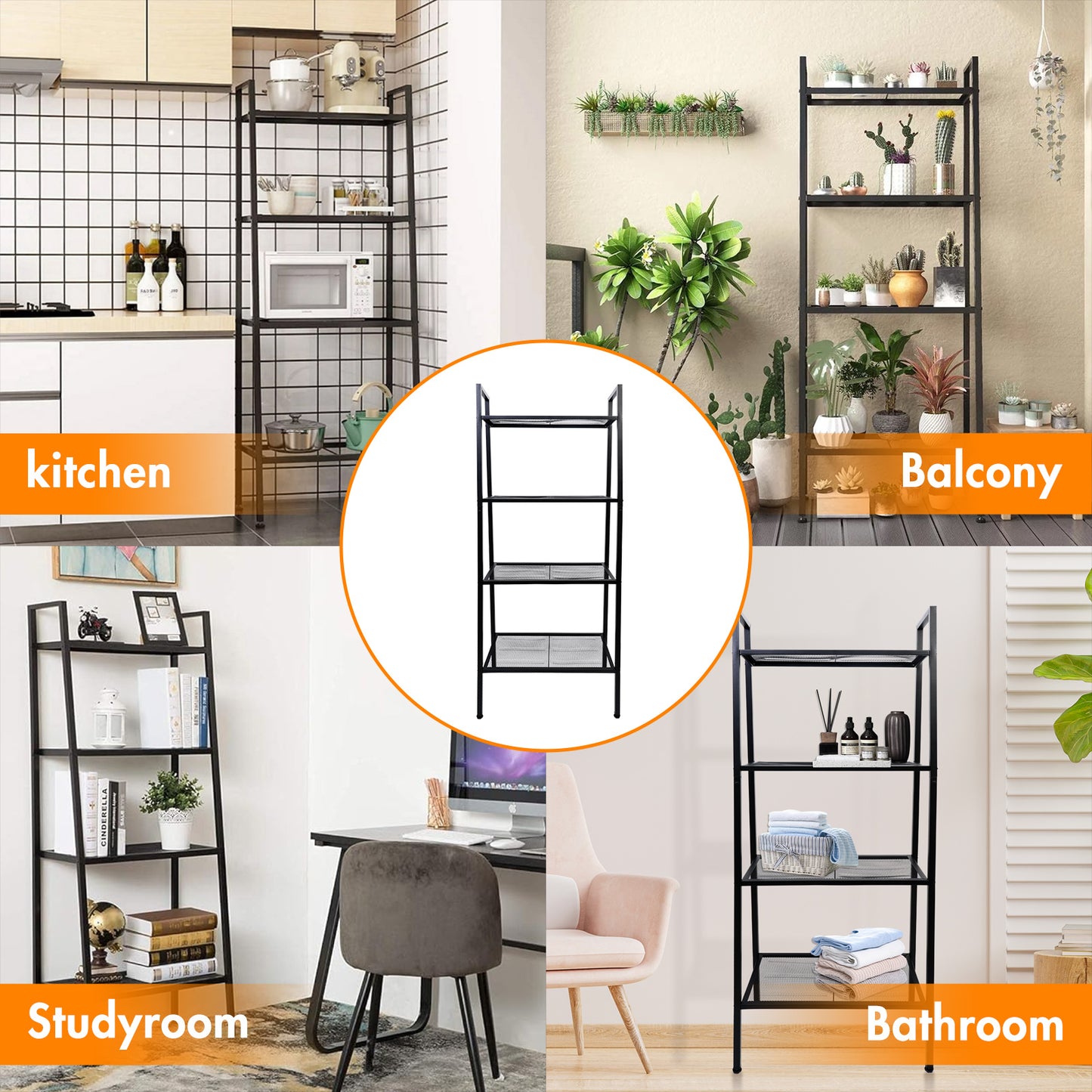 Baokaler Ladder Shelf, 4-Tier Metal Bookshelf Plant Flower Stand Storage Rack Industrial Organizer Modern Shelves Shelving Bookcase Metal Frame for Living Room Kitchen Office 23.6*13.8*57.9in Black