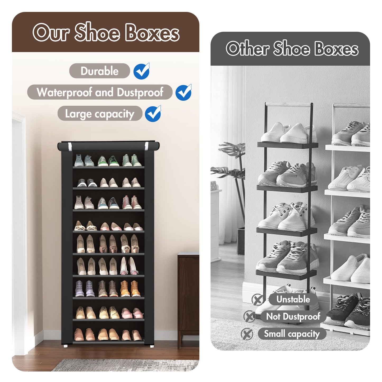 BAOKALER Portable Shoe Rack, 10-Tier 27 Paris Shoe Storage Cabinet with Cover, Non-Woven Fabric Shoe Storage Organizer 62.99*23.62*15.7 inch, Black