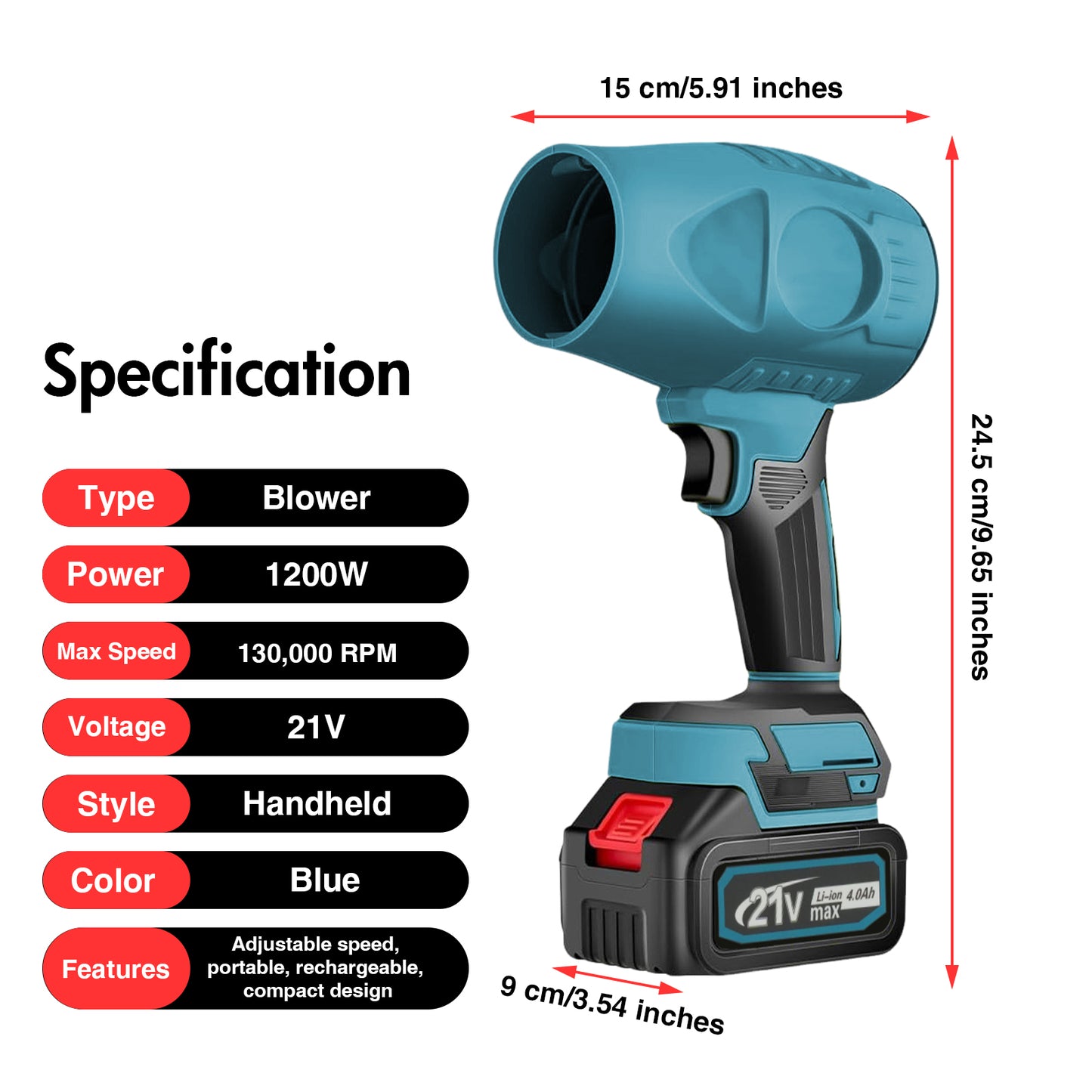 Cordless Leaf Blower with 21V 2*4.0Ah Batteries and Charger,130000RPM,190MPH,1200W,Lightweight Electric Leaf Blowers for Lawn Care,Patio,Dust,Blowing Leaves,Blue
