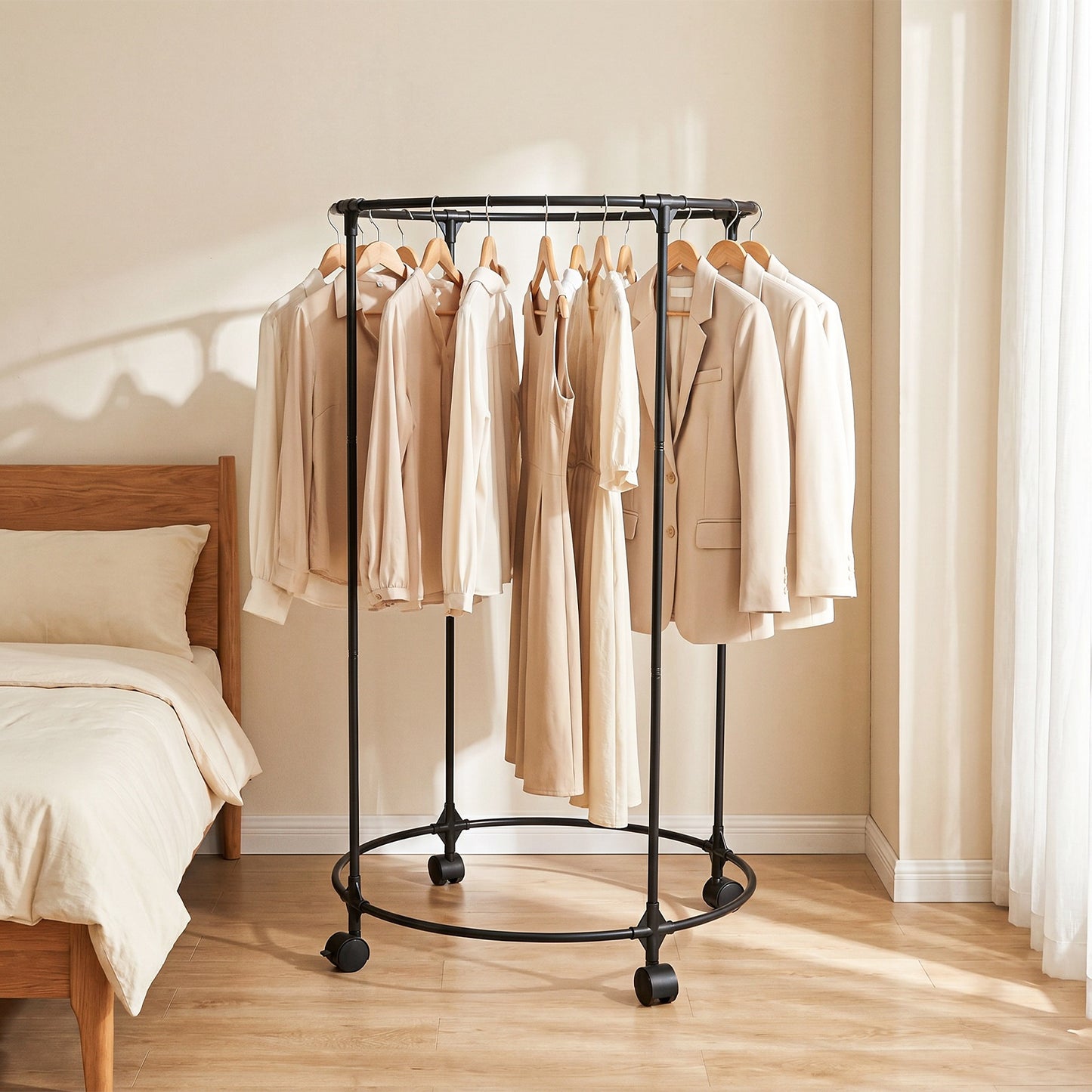 Clothes Rack, Rolling Round Garment Rack with 4 Universal Wheels and Shelf, Floor-Standing Clothes Hanging Rack for Bedroom, Black