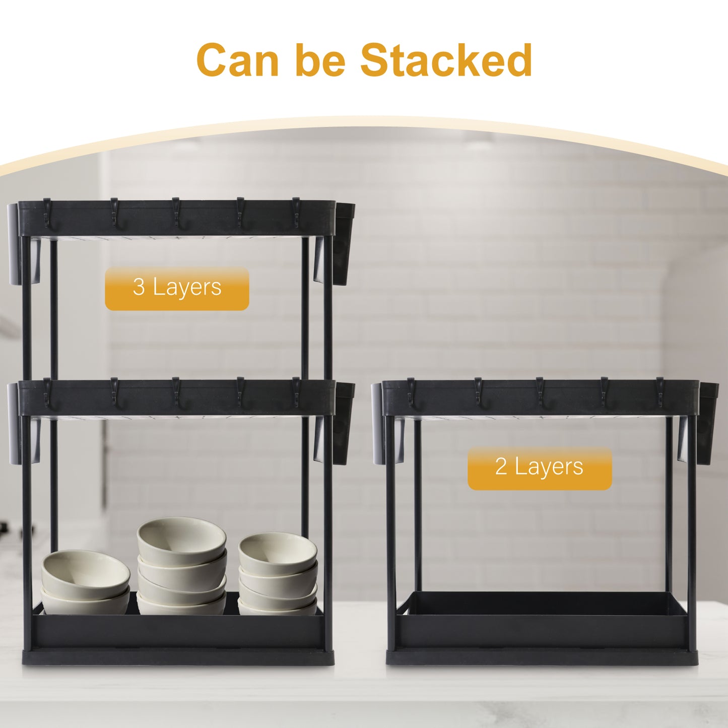 Under Sink Organizers and Storage, 2 Tier Bathroom Under Sink Organizer with Hooks, Hanging Cups, Multi-purpose Storage Drawers, Bathroom Organizers Under Kitchen Sink