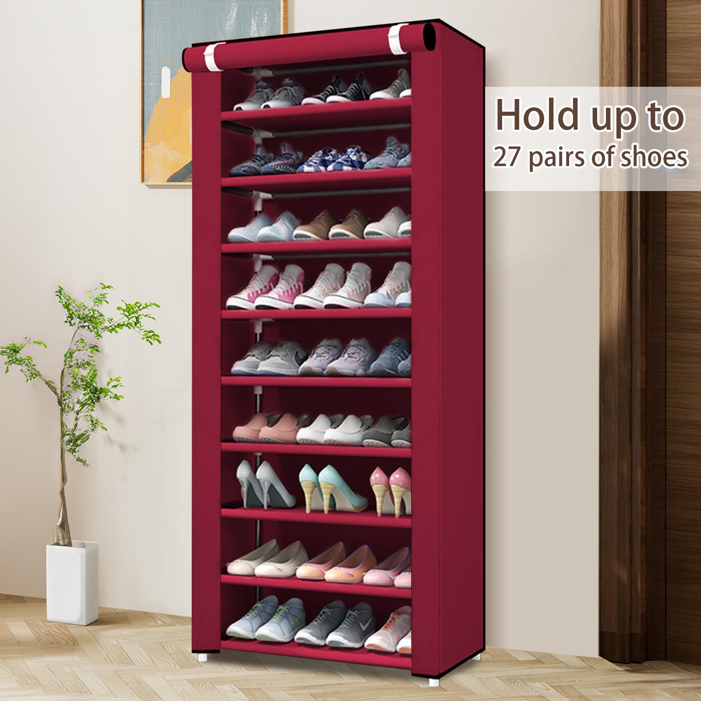 Portable Shoe Rack, 10-Tier 27 Paris Shoe Storage Cabinet with Cover, Non-Woven Fabric Shoe Storage Organizer, 9 Lattices Shoe Cabinet Tower Shelf Closet Wine Red