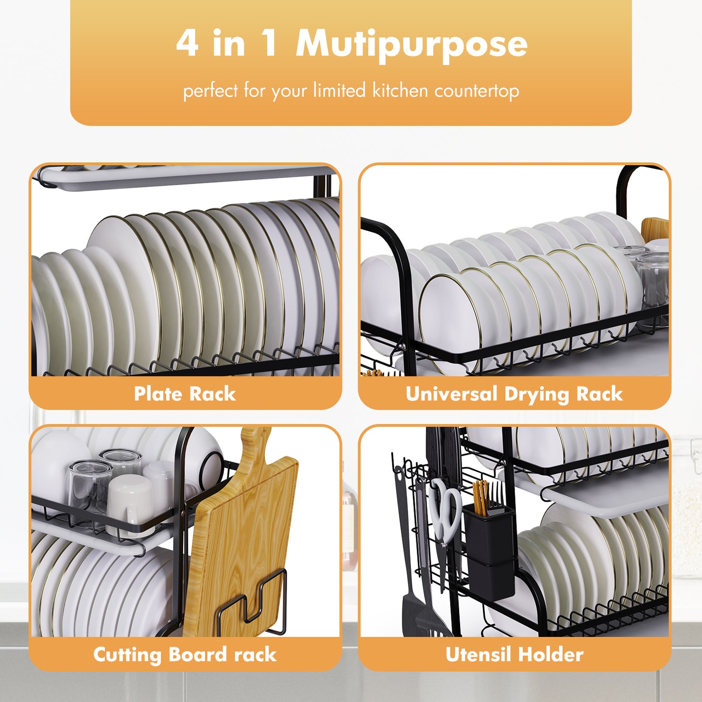 Dish Drying Rack, Kitchen Organization Storage Shelf Dish Drainer Rust-poof Dish Racks for Organizer Home Kitchen Counter with Drainboard, Utensil Holder, Cutting Board Holder