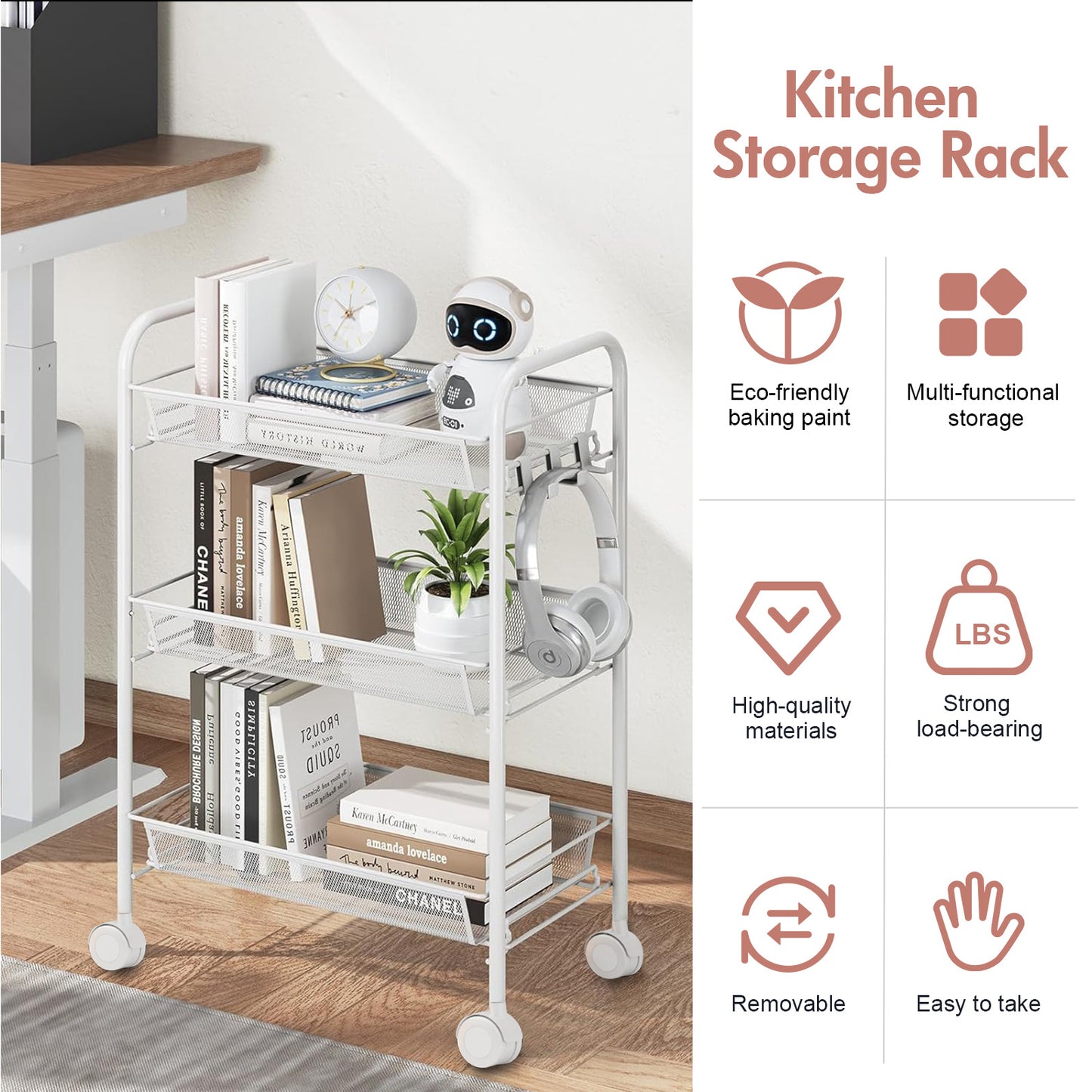 3 Tier Rolling Cart on Wheels, Rustproof Metal Cart with Lockable Wheels, Kitchen Rolling Shelf, Mesh Storage Basket for Living Room, Bathroom, Kitchen, Office, White
