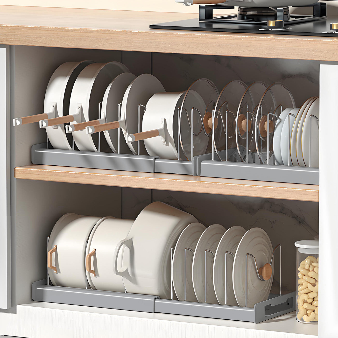 Expandable Pan Organizer, Pots and Pans Organizer with 12 Adjustable Shelves, Multifunctional Lid Organizer for Kitchen Cabinets, Stainless Steel Pan Rack Lid Holder, Gray