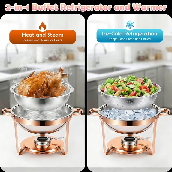 Chafing Dishes Buffet Set, 1 Pack 5.3QT Round Stainless Steel Chafer Set with Stands, Lids & Fuel Holders, Food Warmers for Parties, Catering Events, Weddings (Bright Pink Rose Gold Accents)