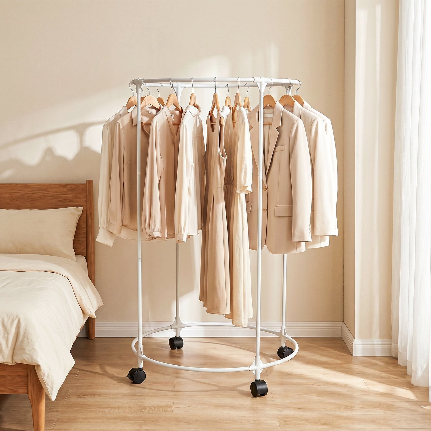 Clothes Rack, Rolling Round Garment Rack with 4 Universal Wheels and Shelf, Floor-Standing Clothes Hanging Rack for Bedroom, White
