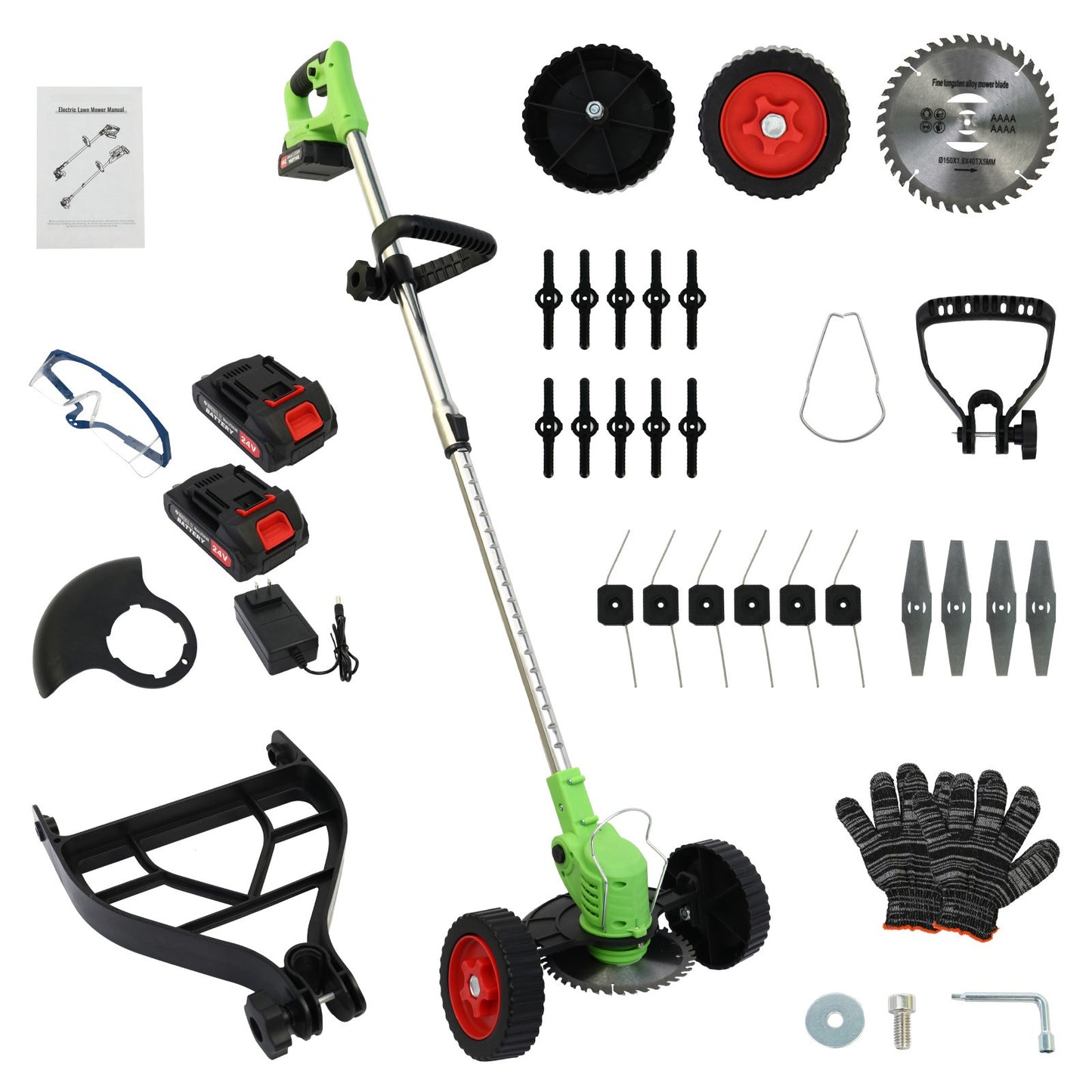 BAOKALER Electric Weed Eater, Cordless Grass String Trimmer with Wheels, Weed Trimmer, 2 Battery+Charger, Green