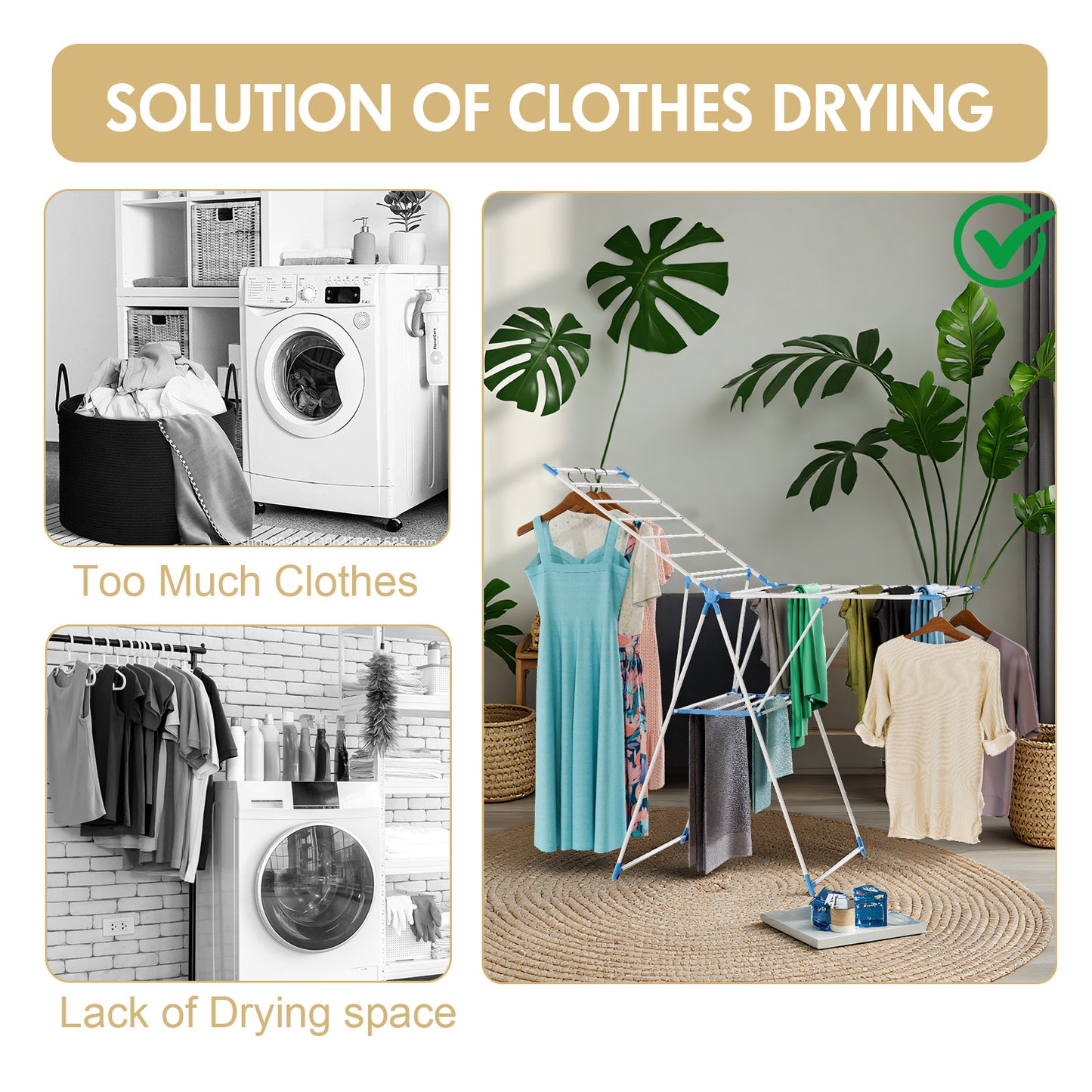 Portable 2-Layer Wing-Style Foldable Clothes Rack with Adjustable Height Wings, Suitable for Indoor/Outdoor Use, Blue