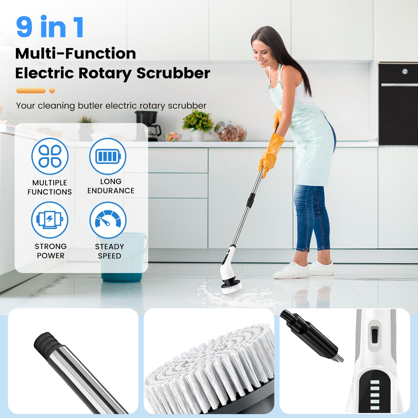 CATGOOD Power Scrubber 3 Adjustable Speeds, Electric Spin Scrubber, Cordless Cleaning Brush with 8 Replaceable Brush Heads, Adjustable & Detachable Long Handle
