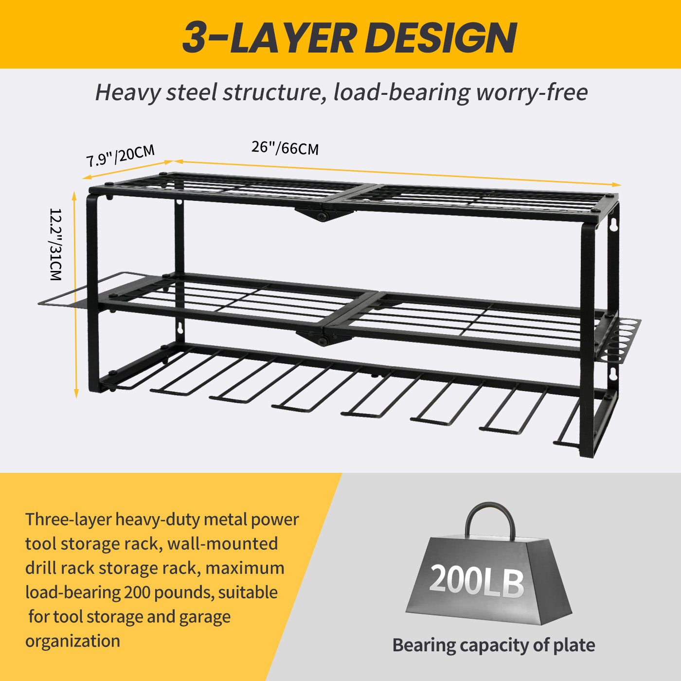 ALSO GO Power Tool Organizer, Power Drill Holder Wall Mount, 3 Layers Heavy Duty Metal Tool Storage Rack, Battery Tools Holder Shelf, Adjustable Height Iron Tool Rack for Workshop or Garage, Black