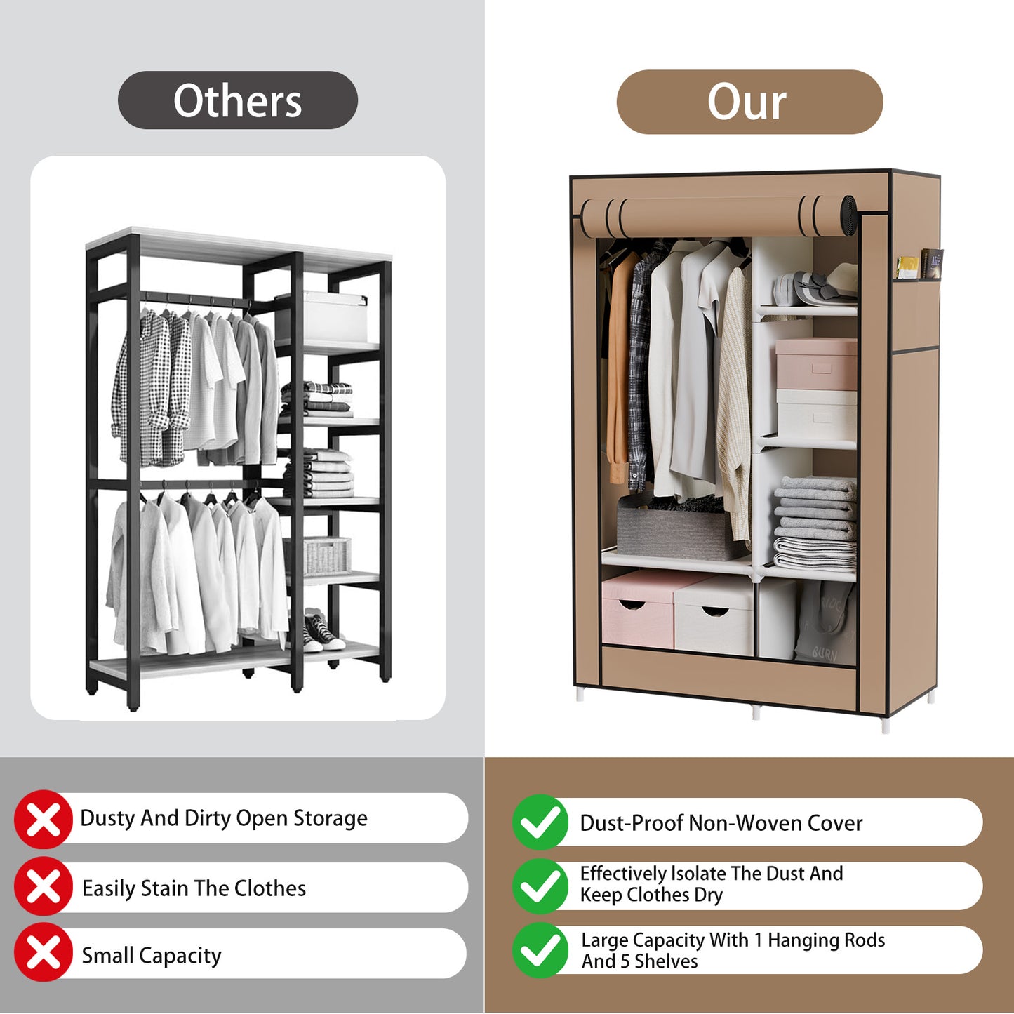 BAOKALER Closet Organizers and Storage, Hanging Closet Organization, Non-Woven Fabric Clothing Storage for Home Bedroom Living Room, Coffee