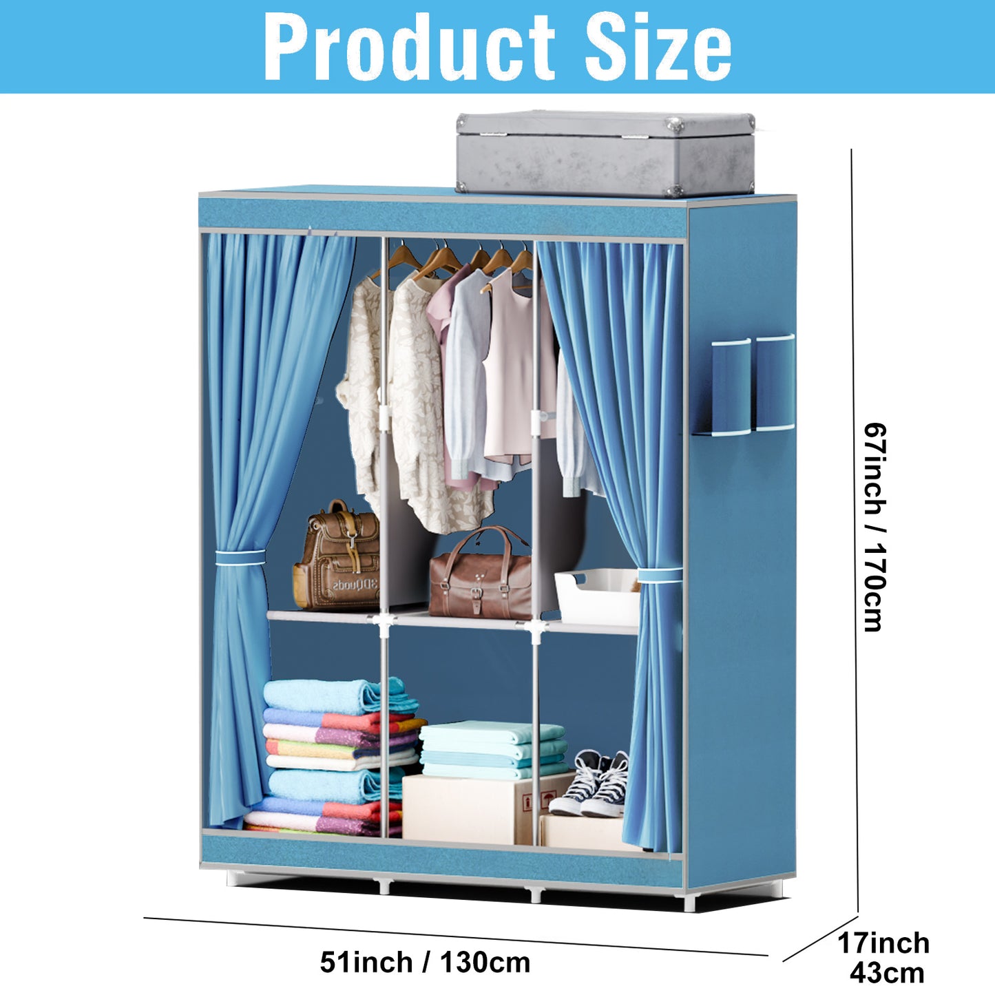 Portable Closet Organizers and Storage, Dustproof Non-Woven Fabric Wardrobe Closet Clothes Rack Shelf for Home, Sky Blue
