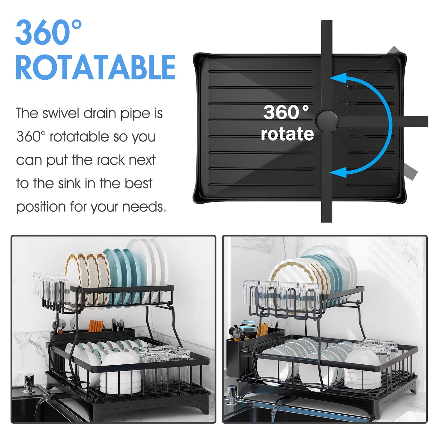 Dish Drying Rack for Countertop, Rustproof Space-Saving & Multipurpose 2-Tier Dish Rack for Kitchen Counter with Utensil Holder, Large Capacity, Black