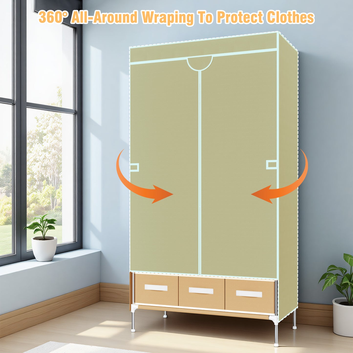 Non-Woven Fabric Closet Organizer for Coats and Bags, Portable Wardrobe Closet Includes 3 Storage Drawers for Home Bedroom, Sturdy & Easy to Assemble, Light Coffee