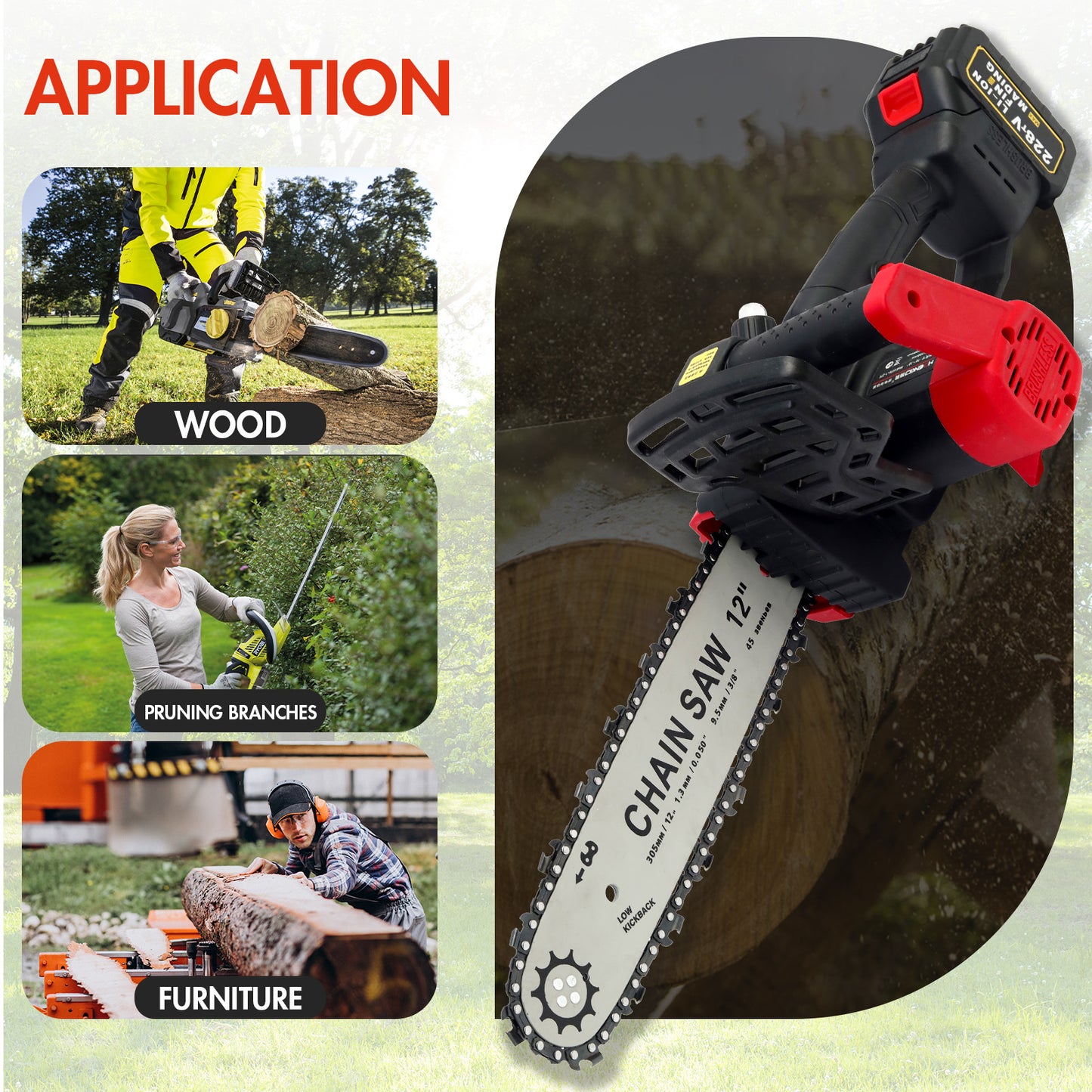 CATGOOD 21V 12" Brushless Cordless Chainsaw, 3.0Ah Battery and Charger Included, for Tree Wood Cutting