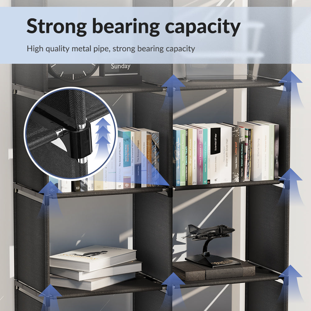6-Tiers Portable Bookshelf with Fabric Cloth at Back, 10 Cube Closet Storage Organizer Bookcase, Living Room, Study Room, Bedroom, Black