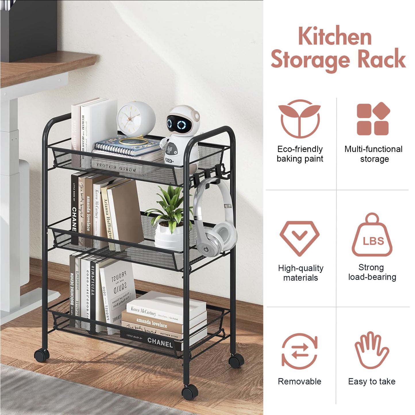 Mesh Rolling Cart with Lockable Wheels, 3 Tier Rustproof Metal Cart with Hooks, Kitchen Rolling Shelf, Mesh Storage Basket for Living Room, Bathroom, Kitchen, Office, Black