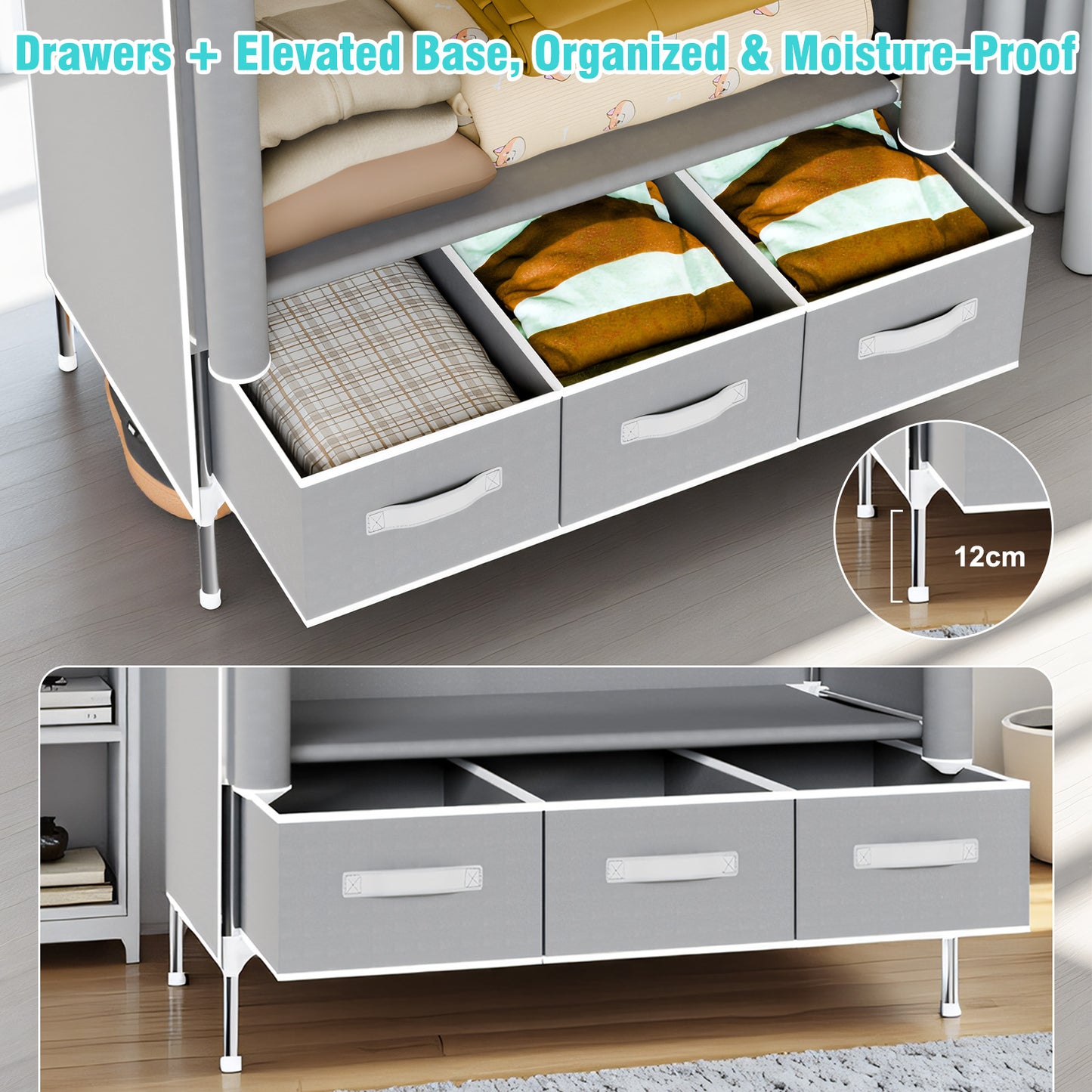 Portable Closet Organizer with 3 Storage Drawers, Non-Woven Fabric Wardrobe Closet Organizers and Storage, Hanging Clothing Rack for Rentals, Dorms, Bedrooms, Light Gray