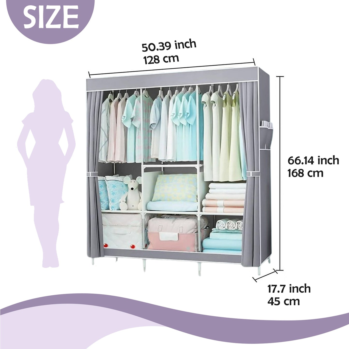 Portable Closet Clothes Wardrobe with 3 Hanging Rod Closet Organizer with Shelf with Cover Clothes Rack Standing Closet Clothes Storage Garment Cabinet