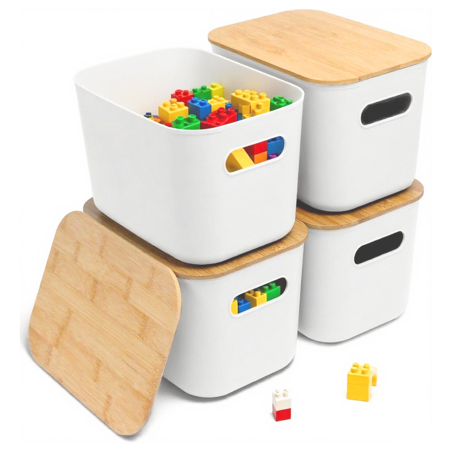 CATGOOD 2PCS Premium Minimalist Storage Boxes with Bamboo Lids, Plastic Storage Baskets, White Stackable Storage Bins with Lids for Kitchen, Cabinet, Bathroom, 10.24"x7.09"x6.3"