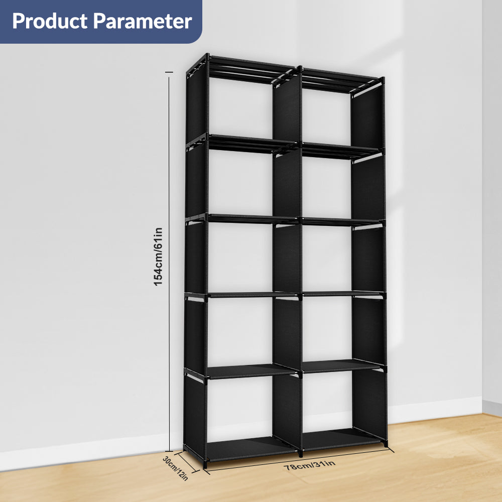 10 Cube Closet Storage Organizer Bookcase, 6-Tiers Portable Bookshelf with Fabric Cloth at Back, Suit for Living Room, Study Room, Bedroom, Black