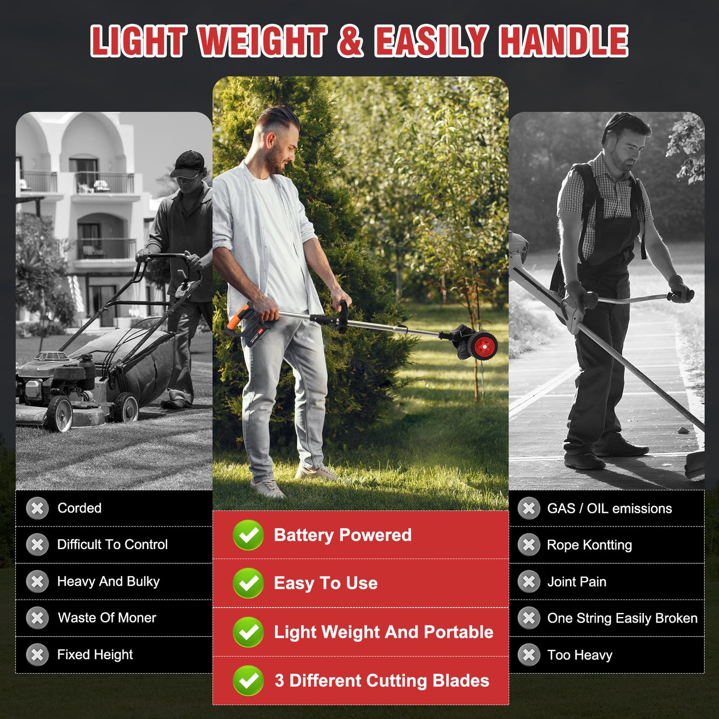 Weed Wacker, Cordless Electric Weed Eaters Weed Trimmer with 2 Battery, Black