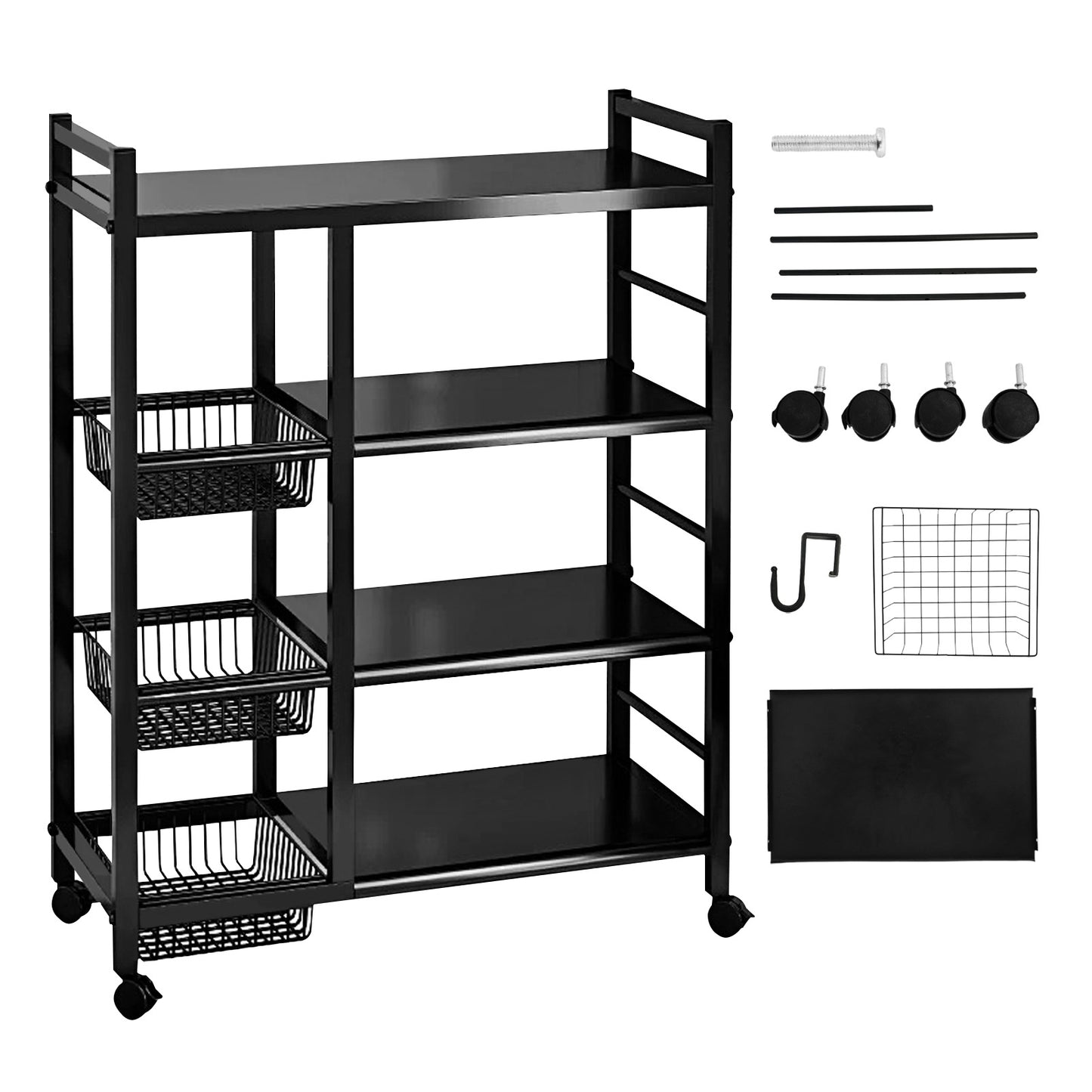 Freestanding Kitchen Storage Rack, Multi-Functional Multi-Layer Mobile Storage Shelf, 4 Tiers with 3 Baskets, Suitable for Kitchen, Bedroom, Living Room, and Balcony
