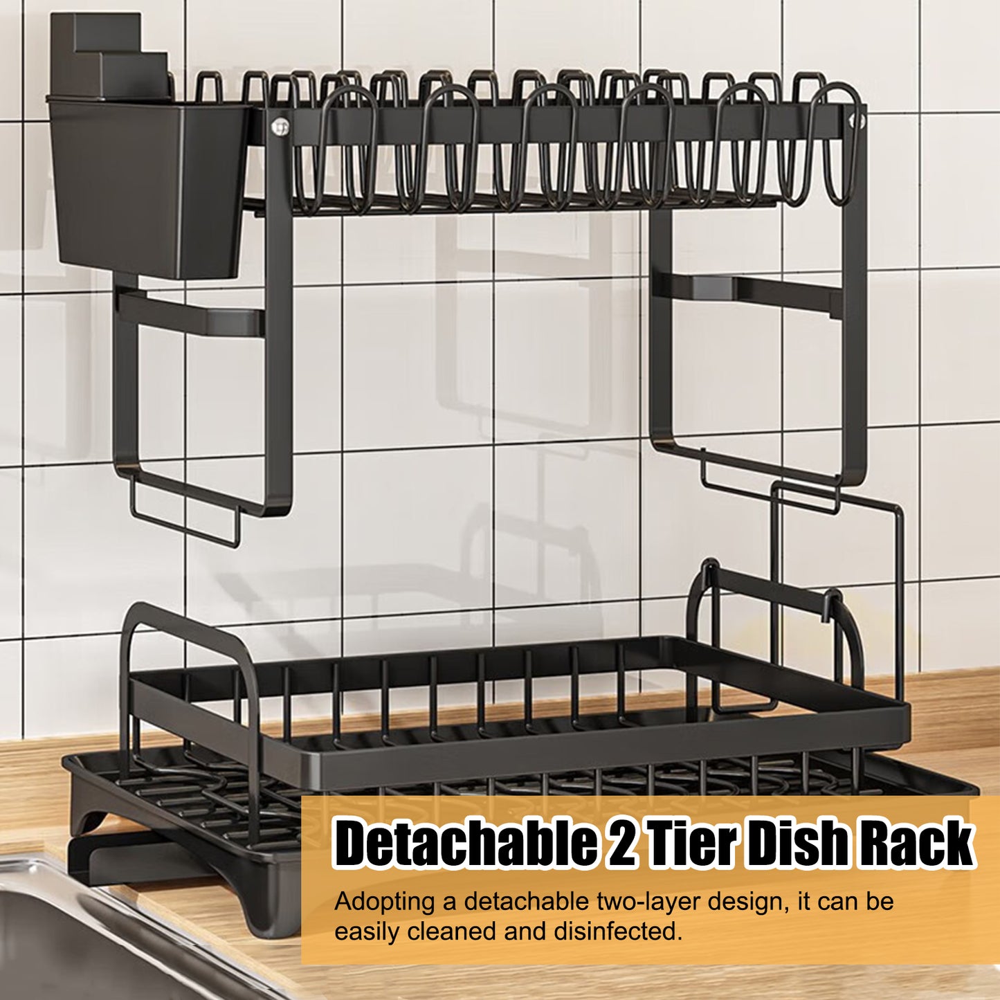 Over The Sink Dish Drying Rack with Drainage, Stainless Steel Large Multifunctional Dish Racks, Rustproof Dish Rack for Kitchen Counter Organization 2 Tier Black