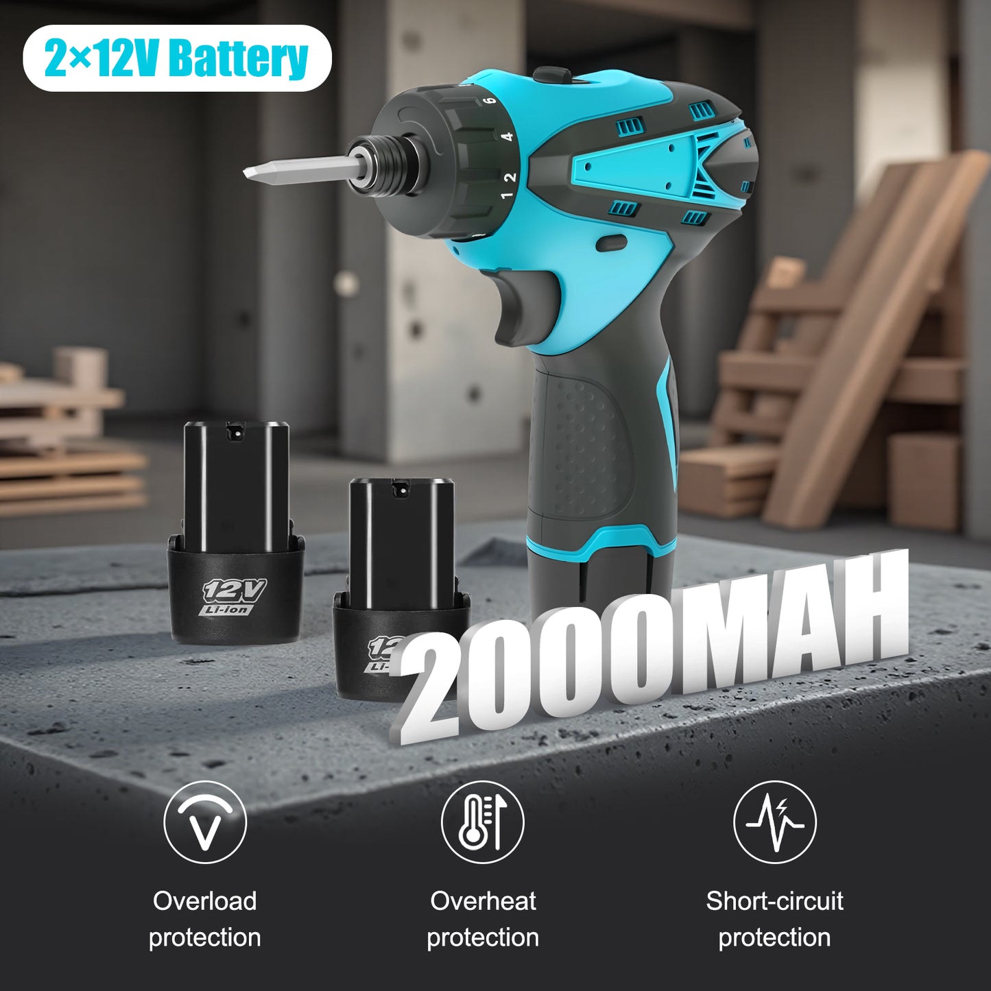 BAOKALER 12V 1/4-Inch Cordless Impact Driver, Brushless Screwdriver with 2 x 2.0Ah Lithium-Ion Batteries and Charger, LED Work Light