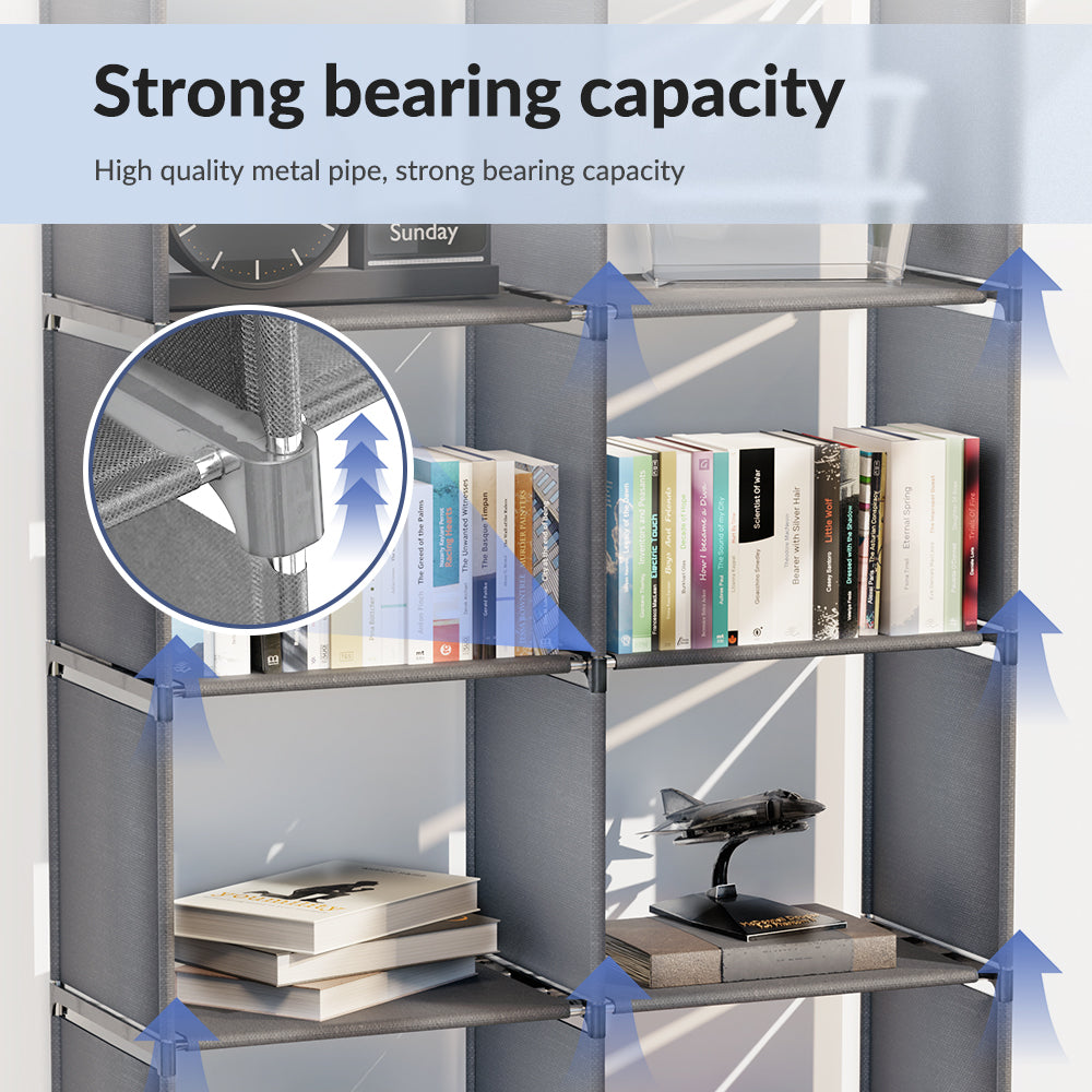 6-Tiers Portable Bookshelf with Fabric Cloth at Back, 10 Cube Closet Storage Organizer Bookcase, Living Room,Study Room,Bedroom, Grey