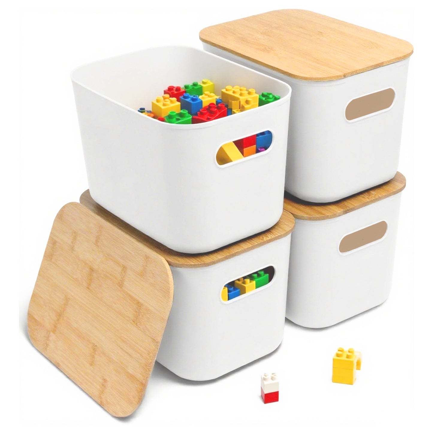 CATGOOD Storage Bins with Bamboo Lids 2 Pack, White Stackable Storage Bins with Lids for Kitchen, Cabinet, Bathroom, Plastic Storage Baskets, Premium Minimalist Boxes, 15"x10.24"x6.3"