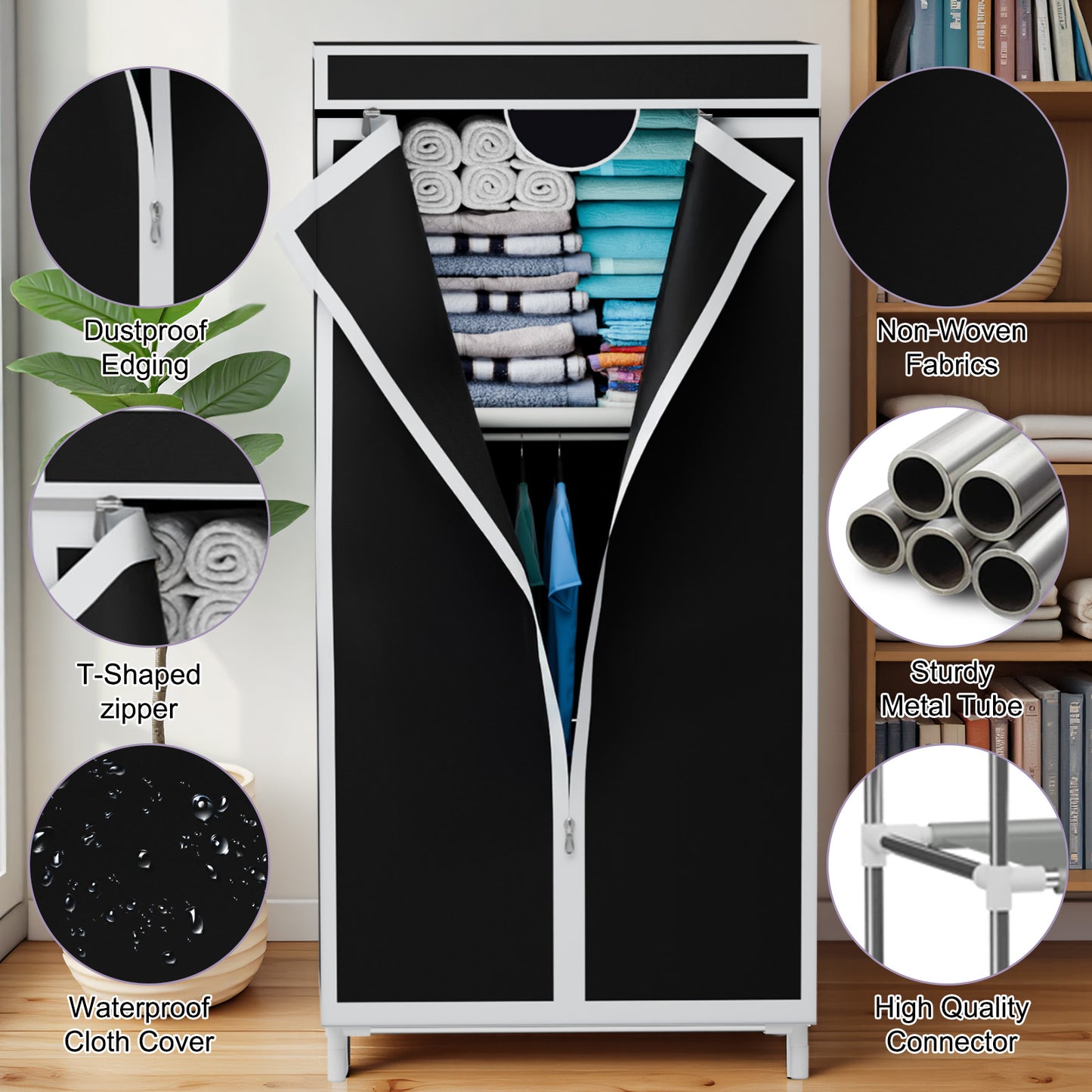 Portable Closet with Hanging Rods, Wardrobe Closet for Hanging Clothes, Bedroom Clothes Closet Storage Organizer, Fabric Wardrobe, for Hanging Clothes, Black