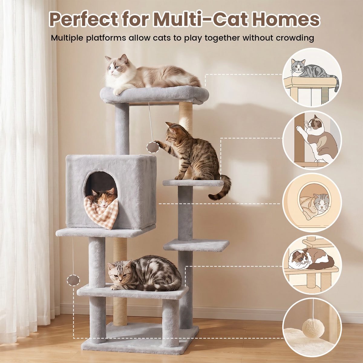 Sturdy Cat Tree: 40-Inch Indoor Cat Tower with Steps for Easy Climbing, Hiding Caves, Scratching Posts & Toys, Perfect for Big Cats