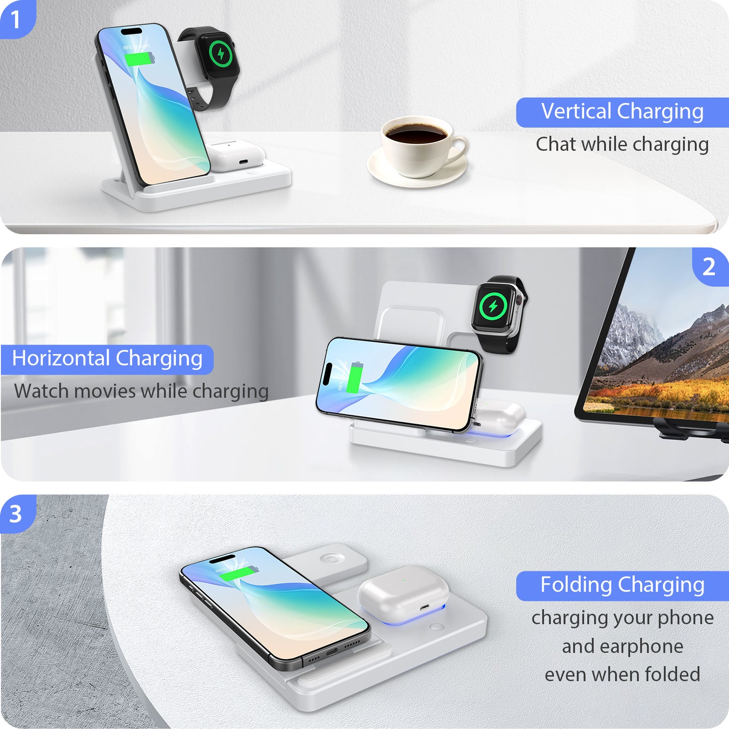 Wireless Charger, Magnetic Fast Charging Stand Compatible with iPhone 16 15 14 13 12 11 Pro Max Plus XS XR X 8, For Apple Watch 9 8 7 6 5 4 3 2 SE, For AirPods 3 2 Pro, 3 in 1 Charging Station