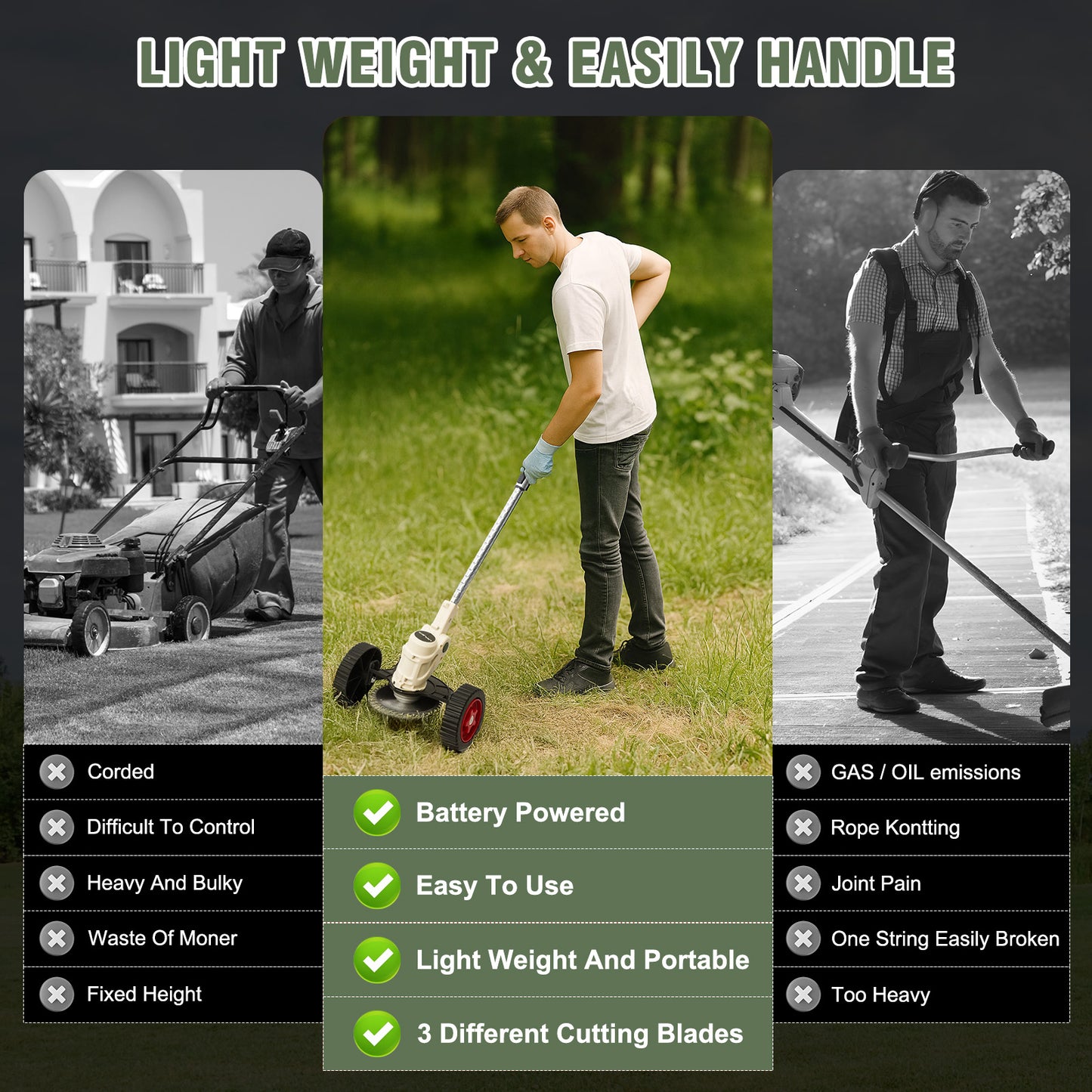 Electric Weed Eater,24V Weed Trimmer with 650W Powerful motor,Low Noise Weed Wackers & Lawn Edger,Wheels and 3 Types Blades Grass Trimmer for Lawn Garden Pruning Trimming
