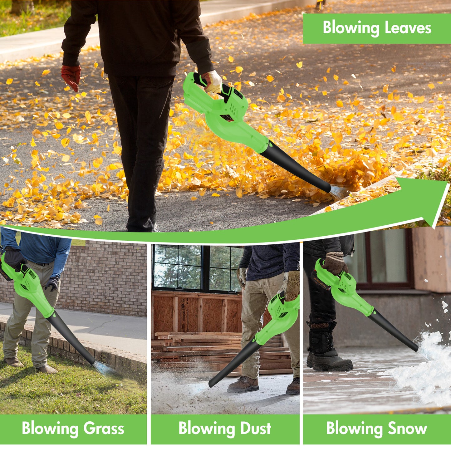 Cordless Leaf Blower, 21V Leaf Blower with 1 Battery, 6-Speed Leaf Blowers for Lawn Care, Patio, Blowing Leaves, Green