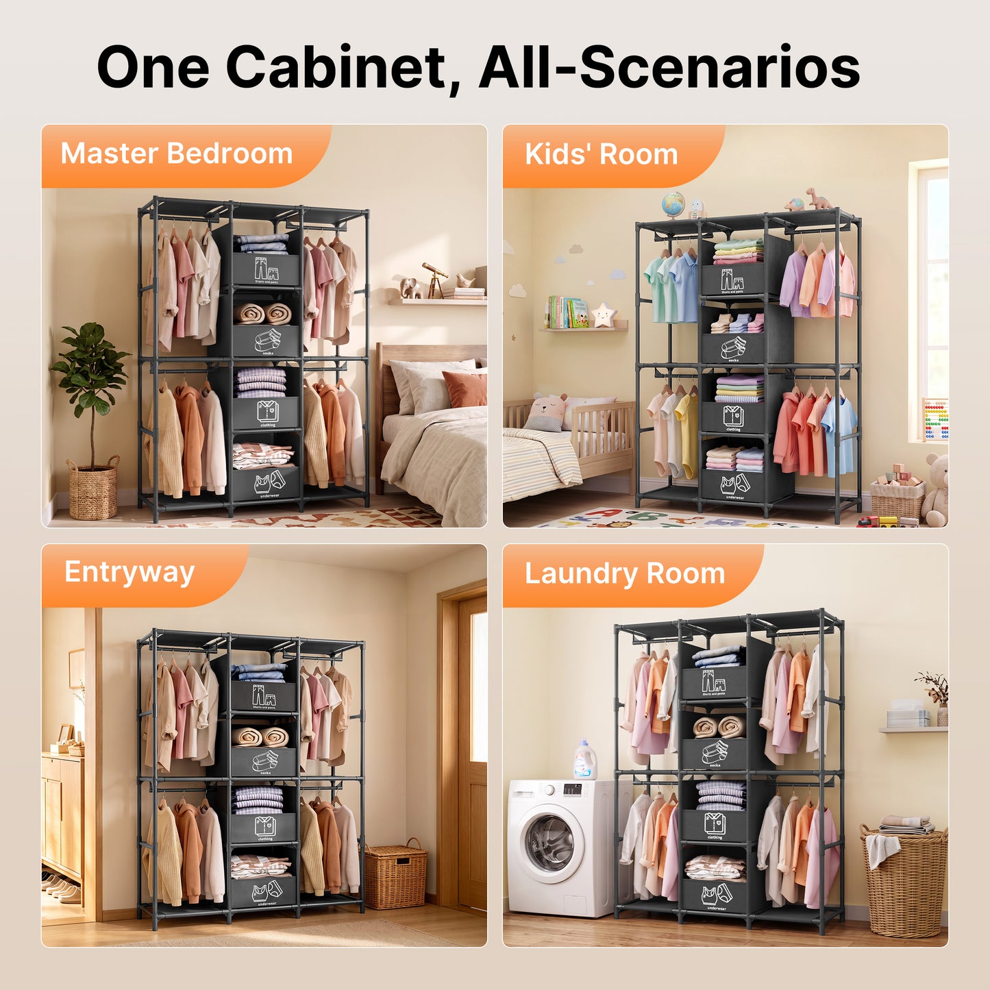 Portable Closet, Wardrobe Closet for Hanging Clothes with 4 Storage Drawers, Freestanding Closet Organizers and Storage for Bedroom, Black