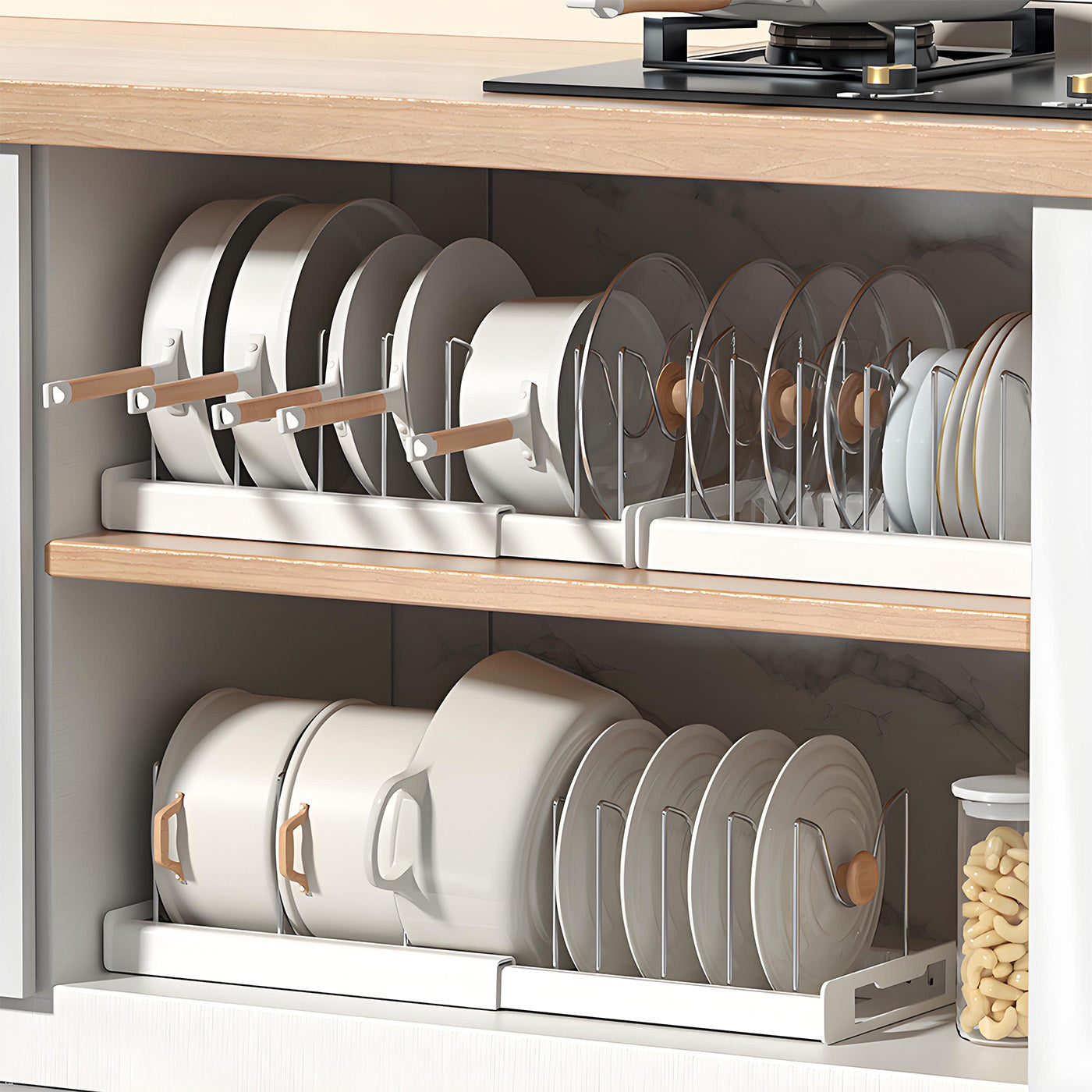 Expandable Pan Organizer, Pots and Pans Organizer with 12 Adjustable Shelves, Multifunctional Lid Organizer for Kitchen Cabinets, Stainless Steel Pan Rack Lid Holder, White