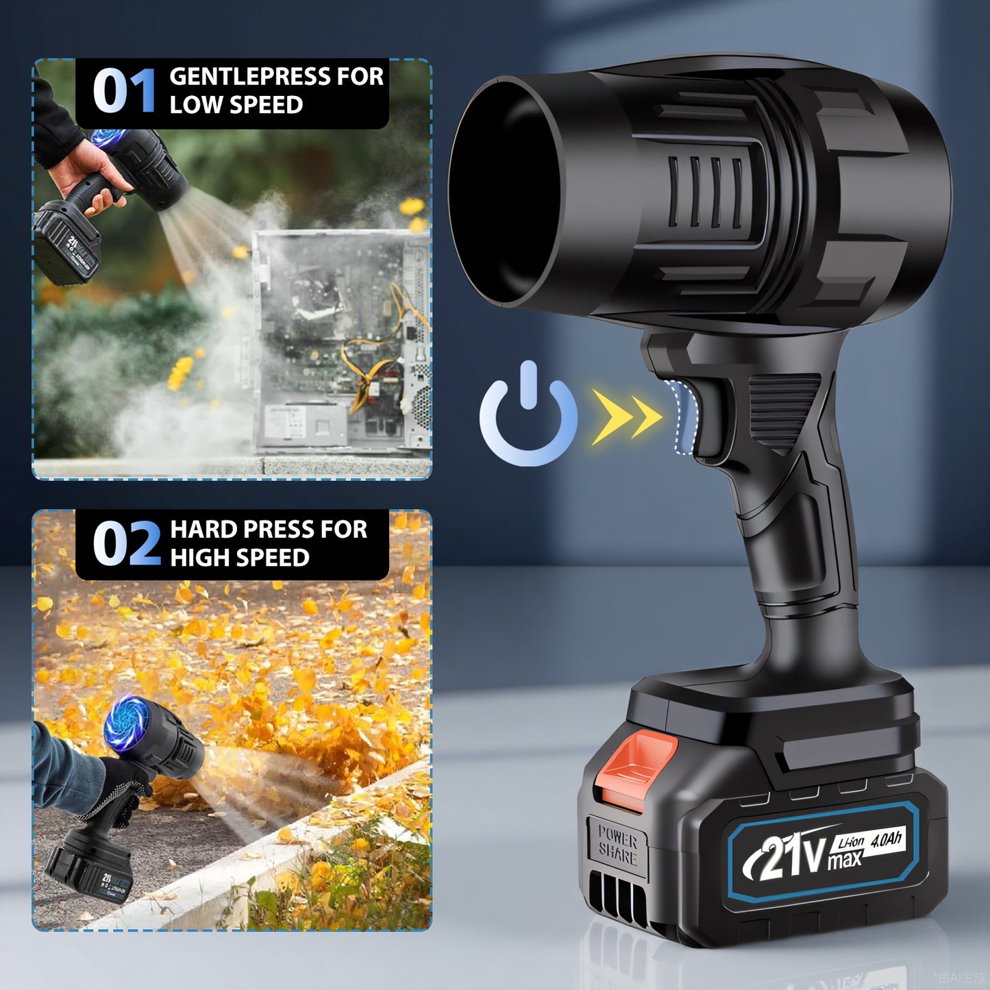 Electric Leaf Blower with 21V 2*4.0Ah Batteries and Charger, 80000RPM, 850W, Lightweight Leaf Blower Cordless for Lawn Care, Black