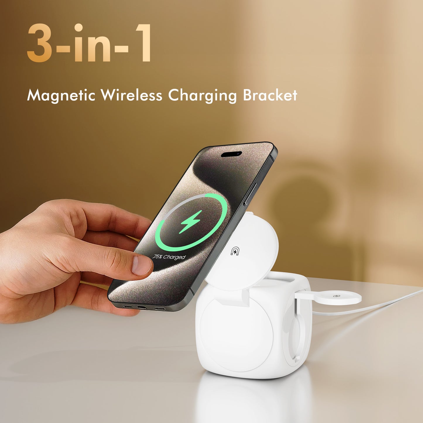 Magnetic Wireless Charger for iPhone Airpods iWatch, Portable 3 in 1 Charging Station Cube For Apple Multiple Devices - Travel Charging Pad Dock Compatible with Apple 12 and above series, White
