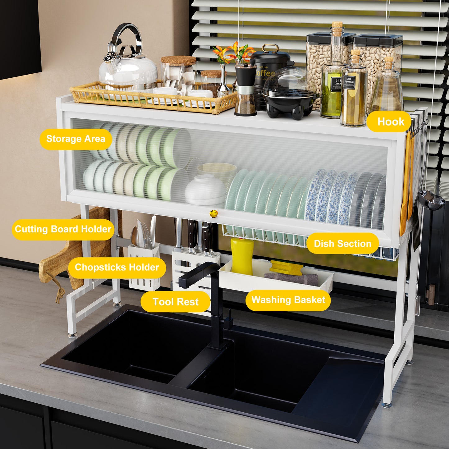 Over the Sink Dish Rack with Cabinet, Multifunctional Dish Drying Rack Above Sink with Visible Cupboard Door for Drying Dishes, Glasses, Bowls, and Utensils, White, Length-41.34"
