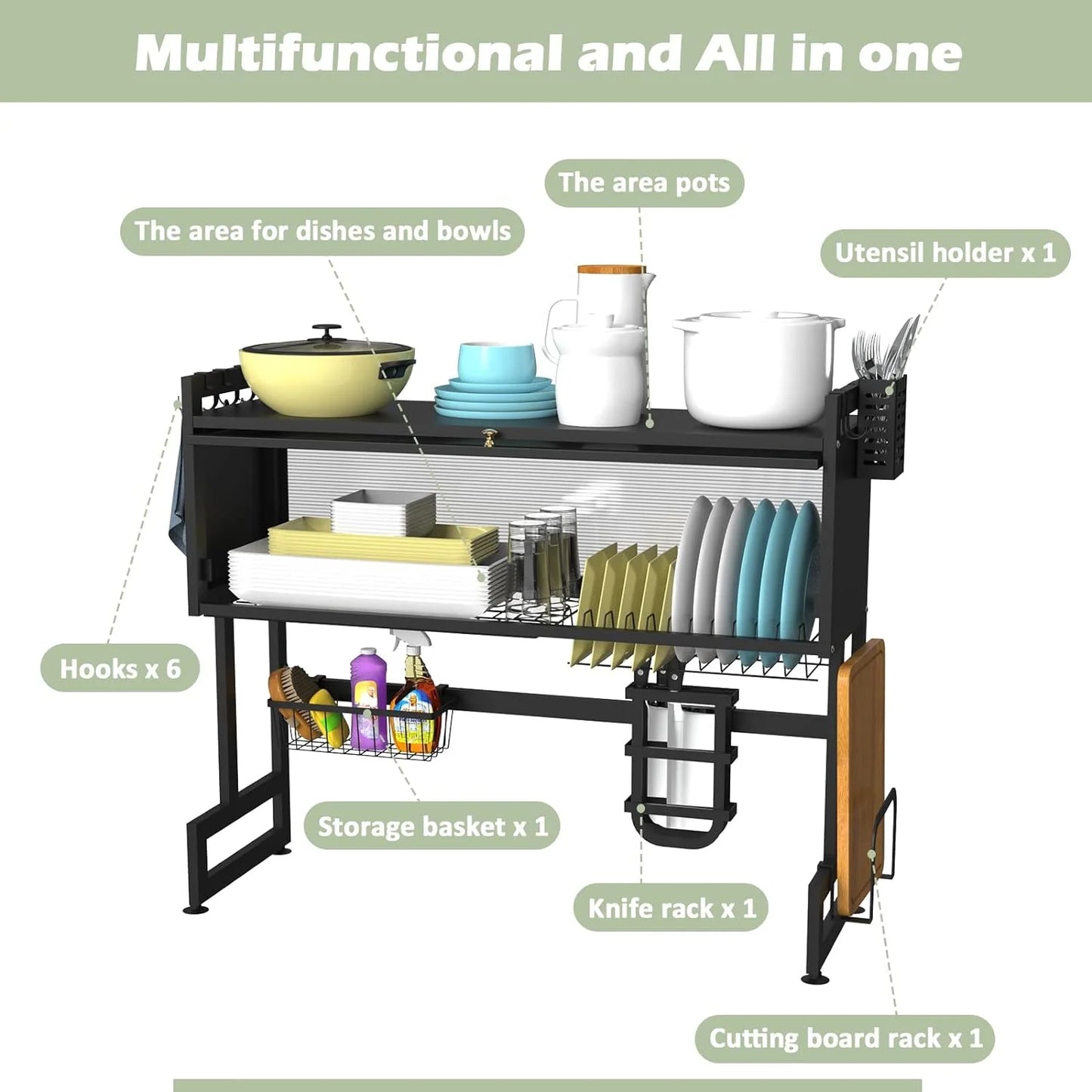 Over The Sink Dish Drying Rack, Adjustable 2 Tier Stainless Steel Large Dish Racks for Kitchen Storage Counter Organizer with Cabinet Doors with Utensil Holder, Black