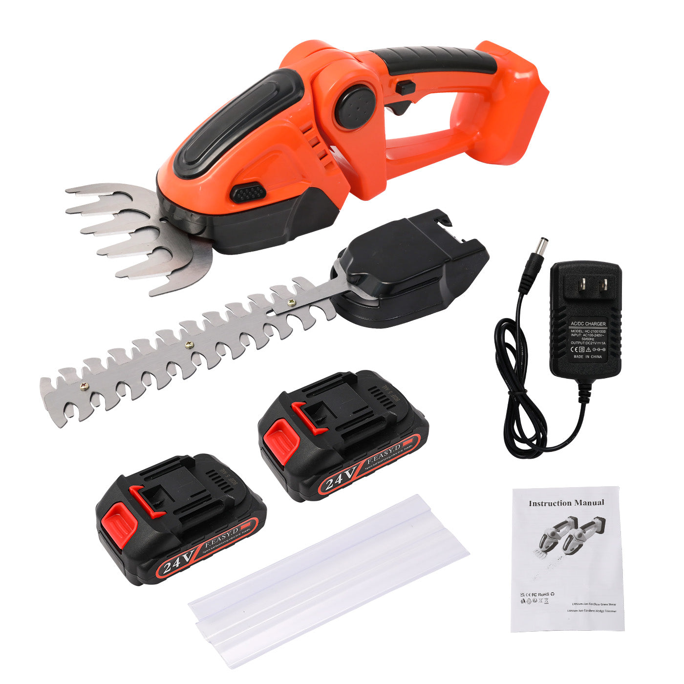 2-in-1 Cordless Hedge Trimmer, 24V Electric Hedge Trimmer with 2 Batteries and Charger for Garden and Lawn Maintenance, Orange