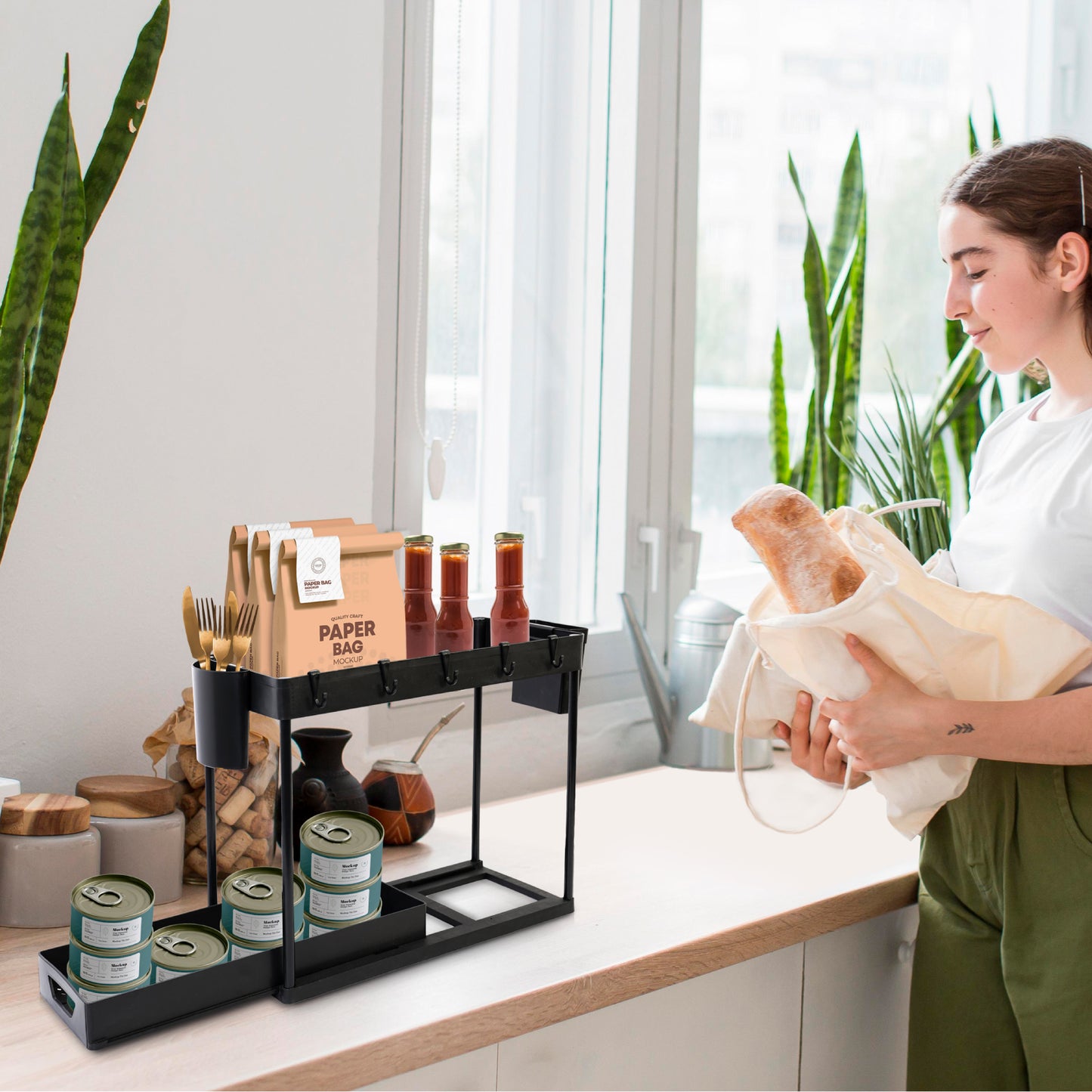Under Sink Organizers and Storage, 2 Tier Bathroom Under Sink Organizer with Hooks, Hanging Cups, Multi-purpose Storage Drawers, Bathroom Organizers Under Kitchen Sink