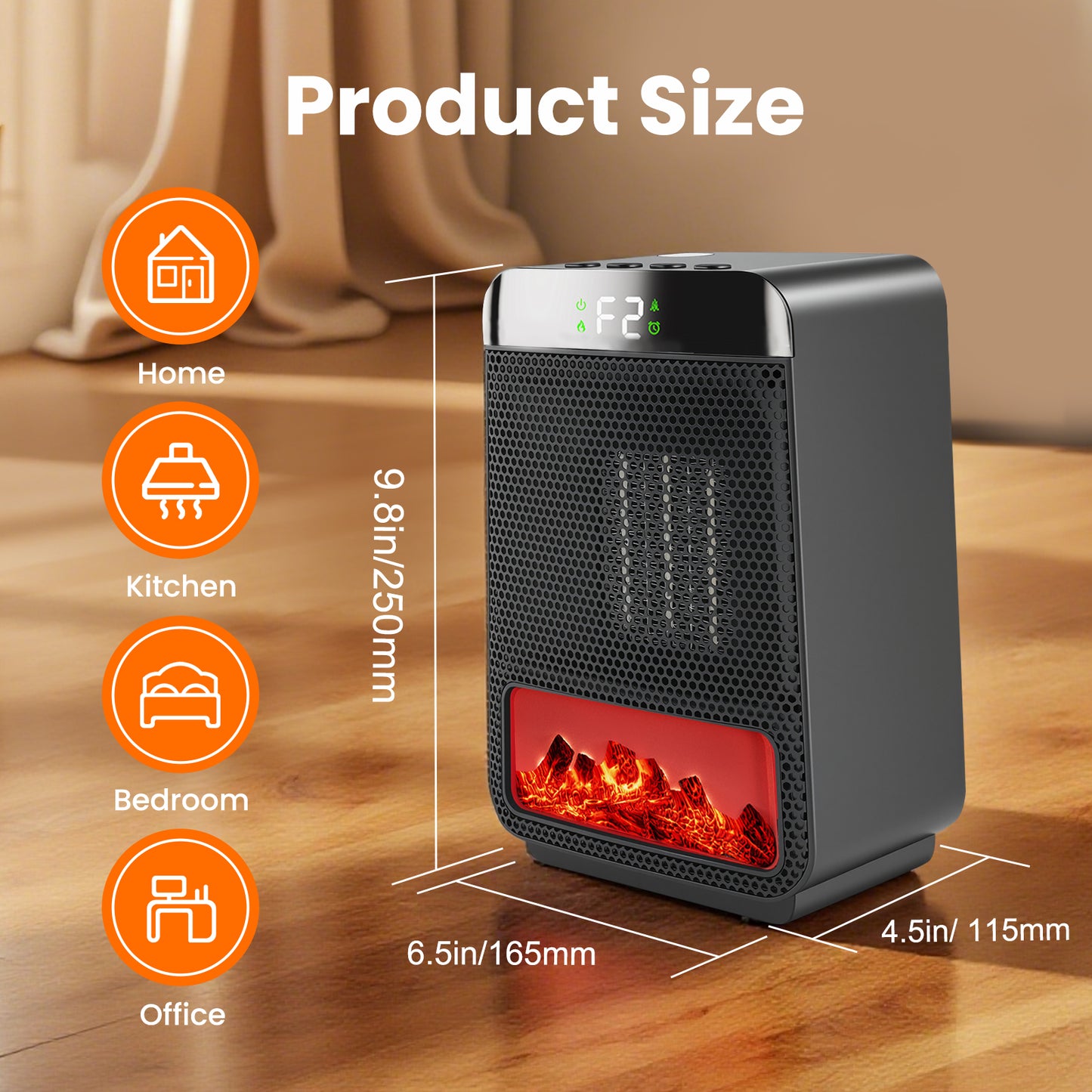 Indoor 1500W 3D Dynamic Flame Tabletop Heater with Safety Protection & Timer, Low-Noise Ceramic Heater Fan for Bedroom, Office, and Indoor Use