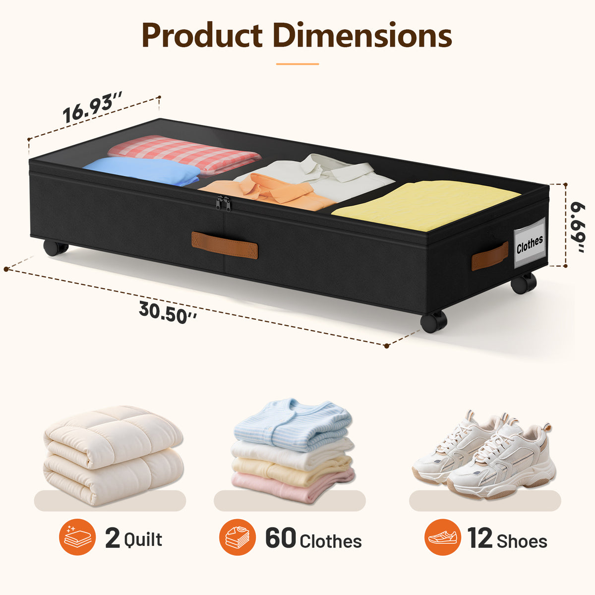 Under Bed Storage with Wheels, 2 Pack Under Bed Storage Containers with Compartments, Underbed Shoe Storage Organizer Bins, Rolling Drawers for Clothes, Blankets, Toys (Black)